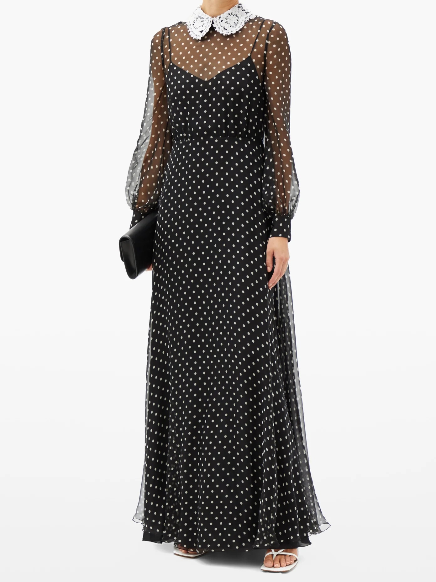 Lace-collar polka-dot chiffon gown - 2