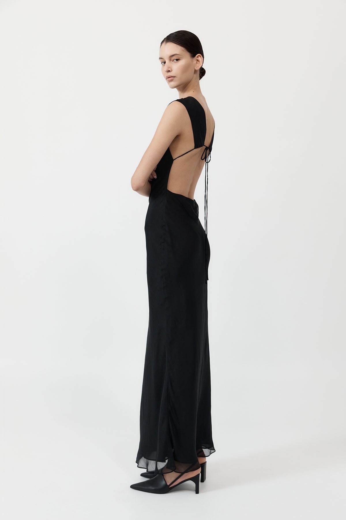 Pinstripe Silk Maxi Dress - Black - 3
