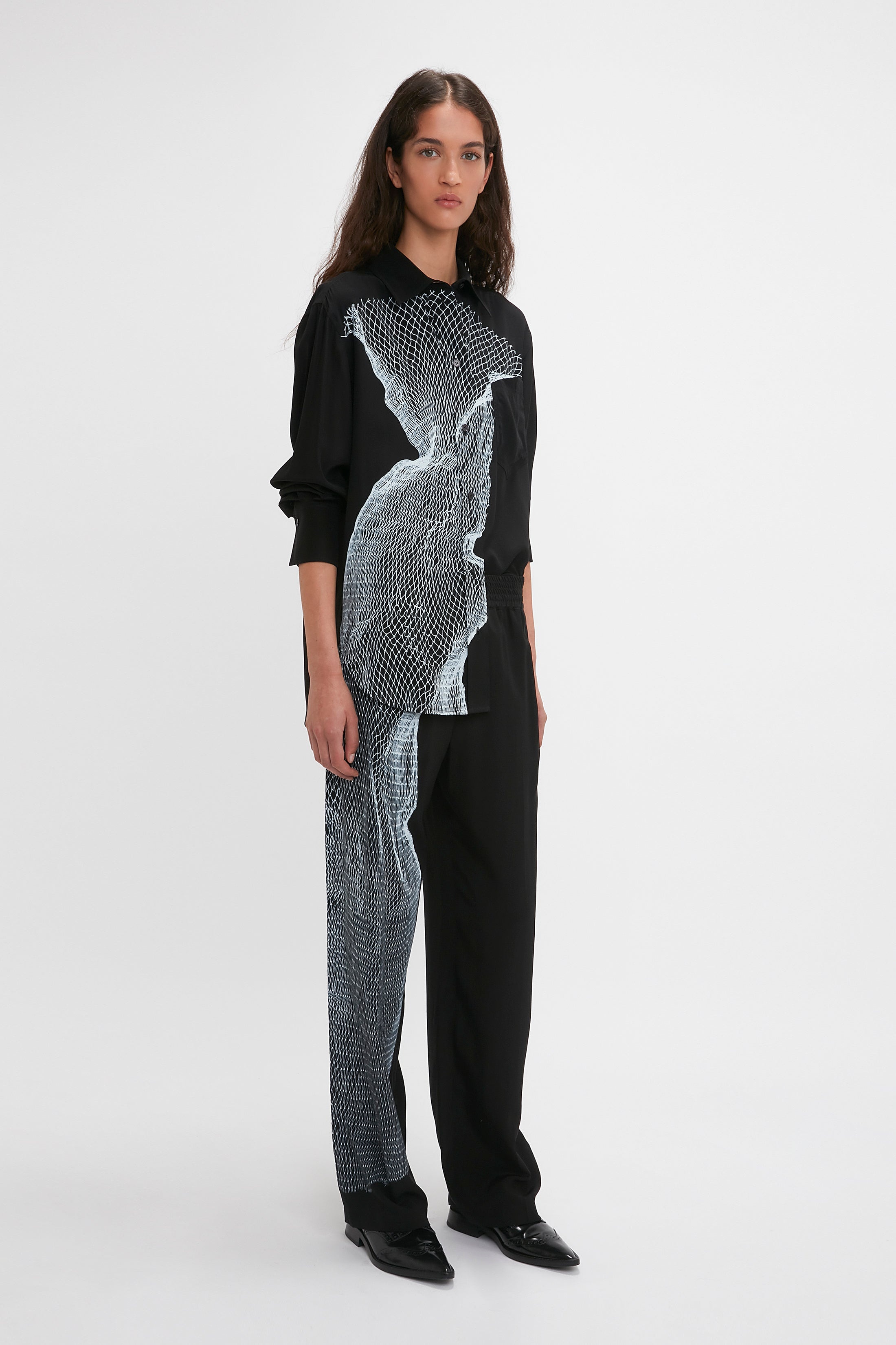 Long Sleeve Pyjama Shirt In Black-White Contorted Net - 3