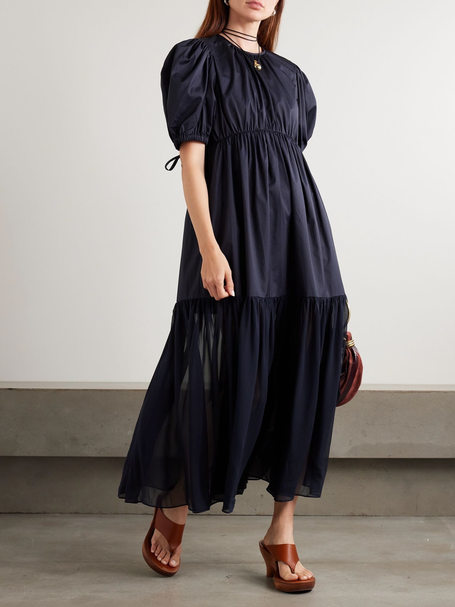 Collage gathered cotton-poplin and silk-georgette midi dress Navy - 2