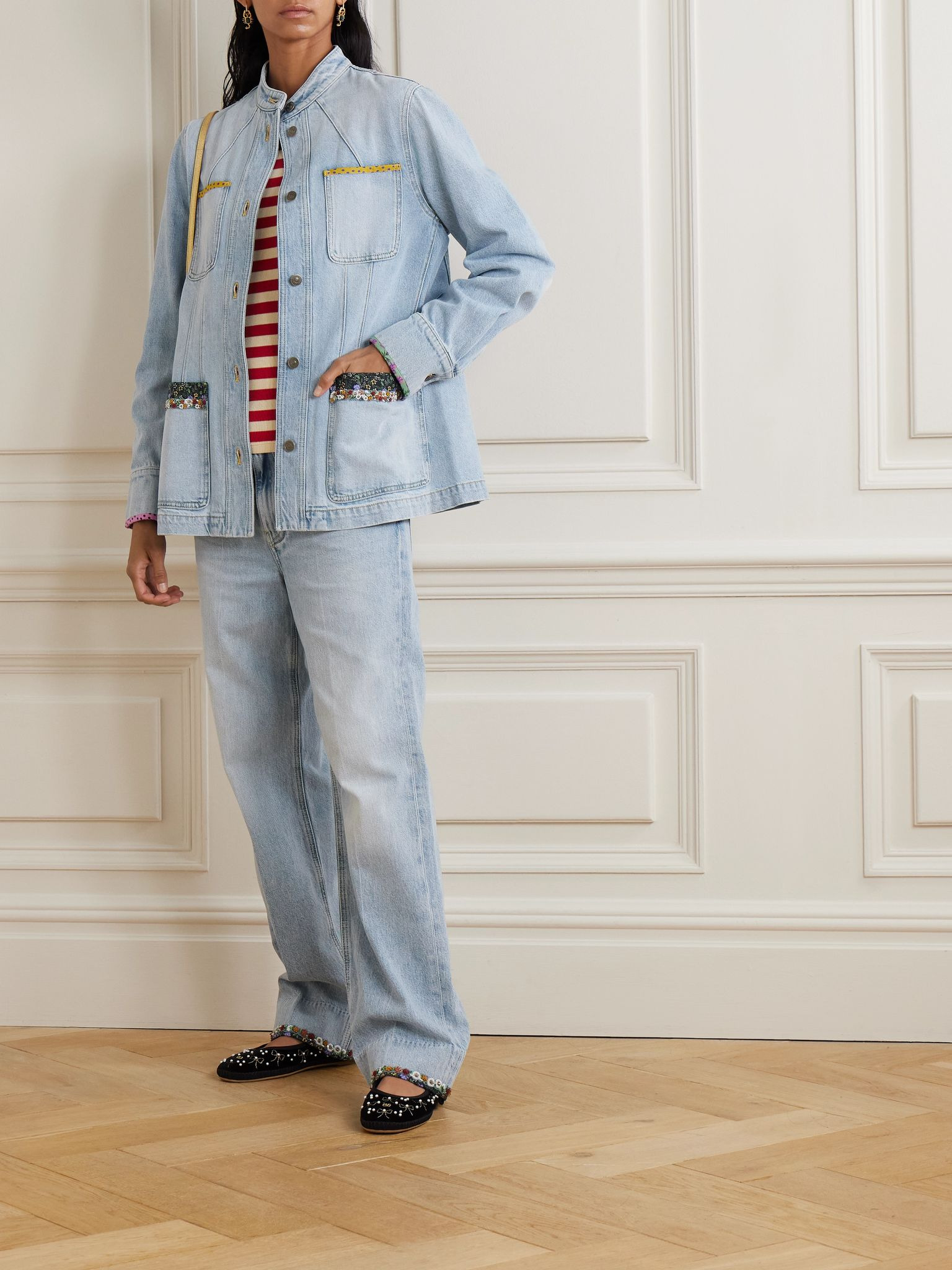 Embellished printed chiffon-trimmed denim jacket Light denim - 5