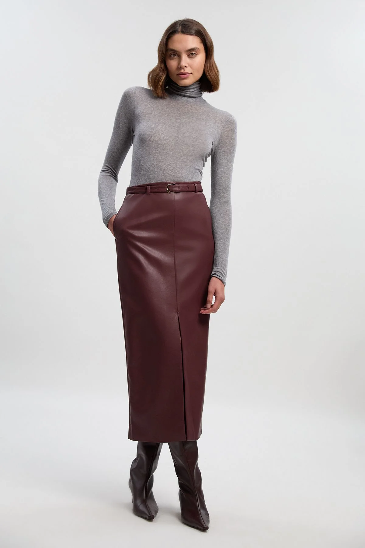 Faux Leather Tailored Midi Pencil Skirt - 1