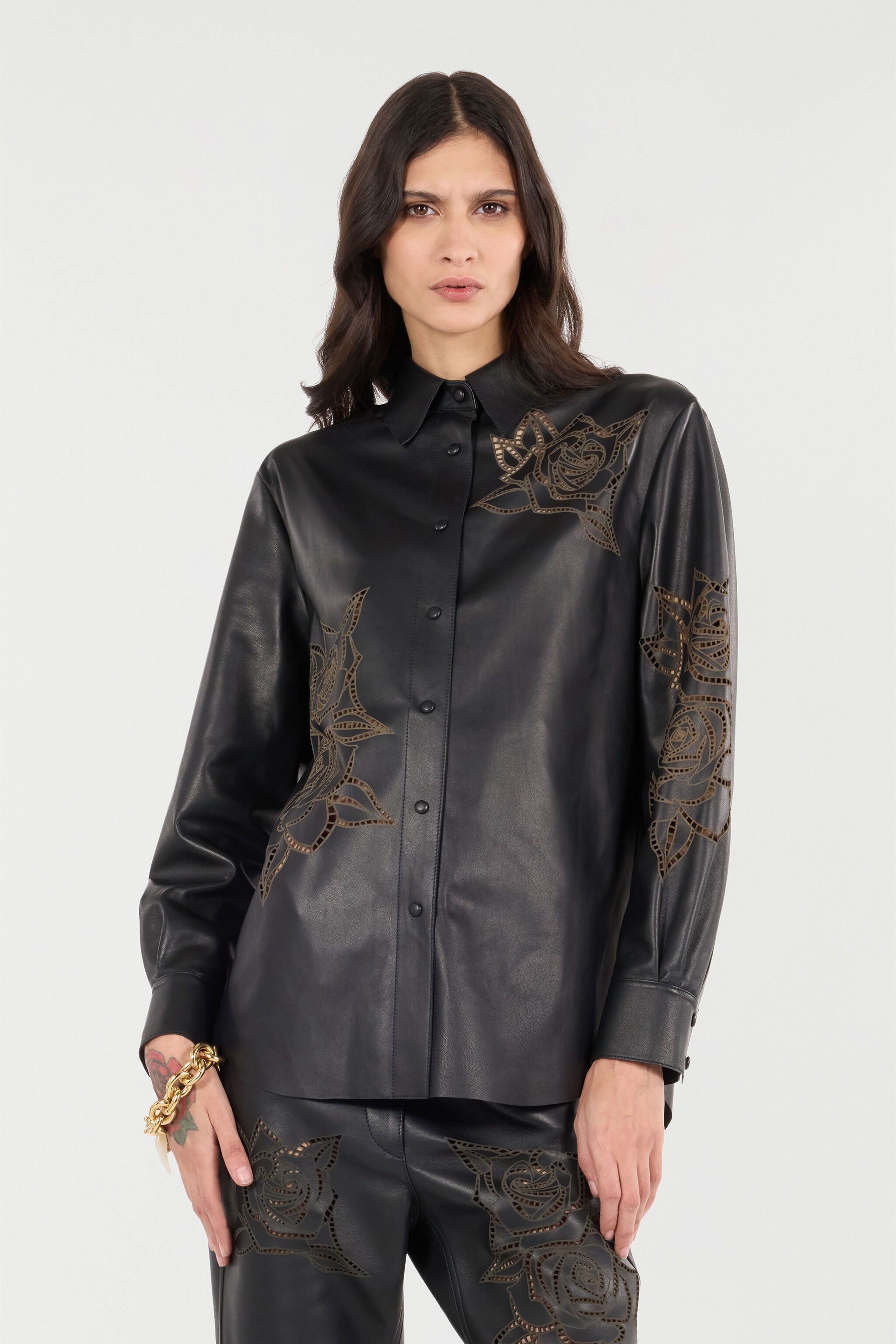 Leather Shirt With Perforated Roses - 3
