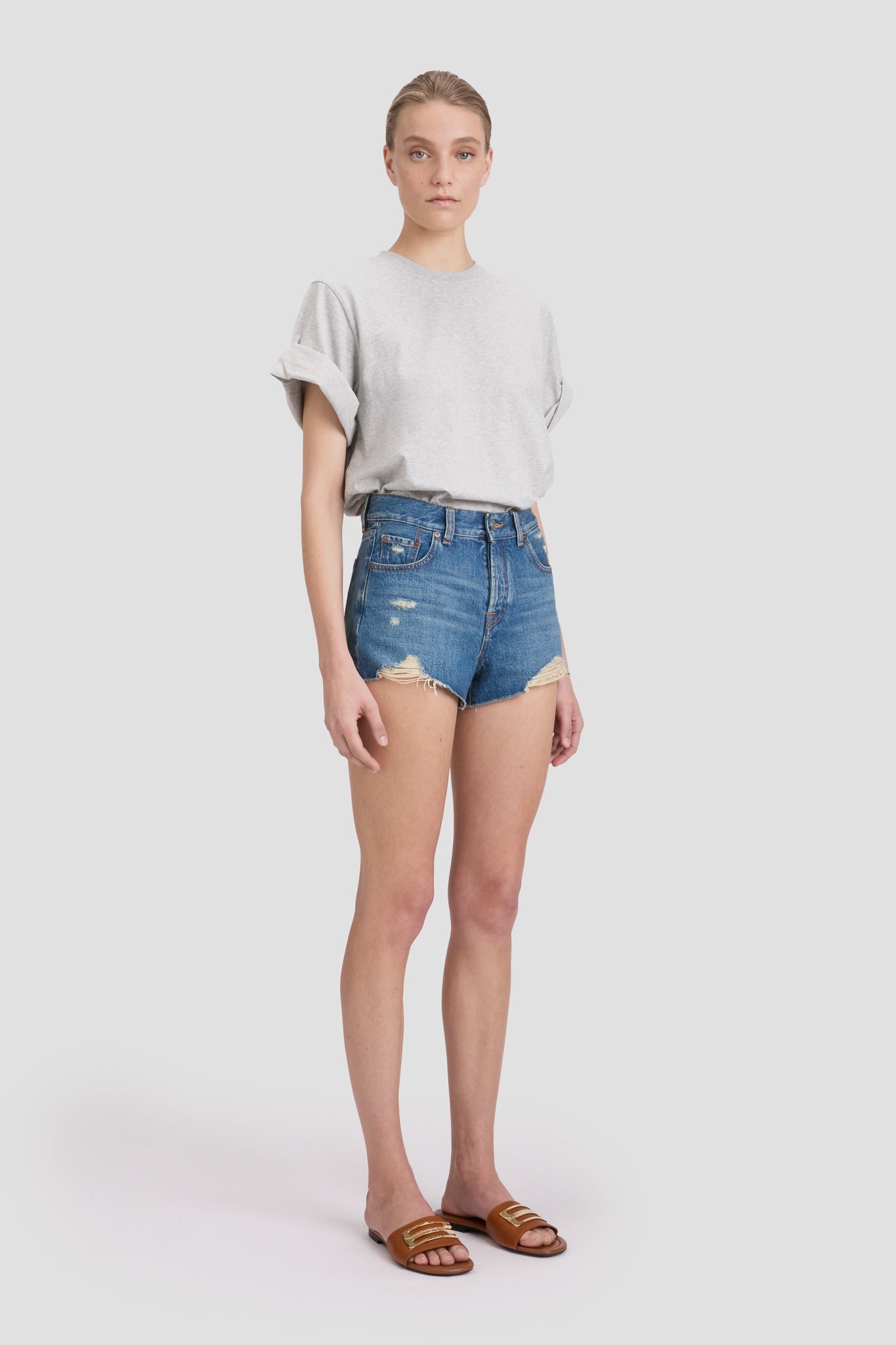 Distressed Shorts In Mid Blue Wash - 4
