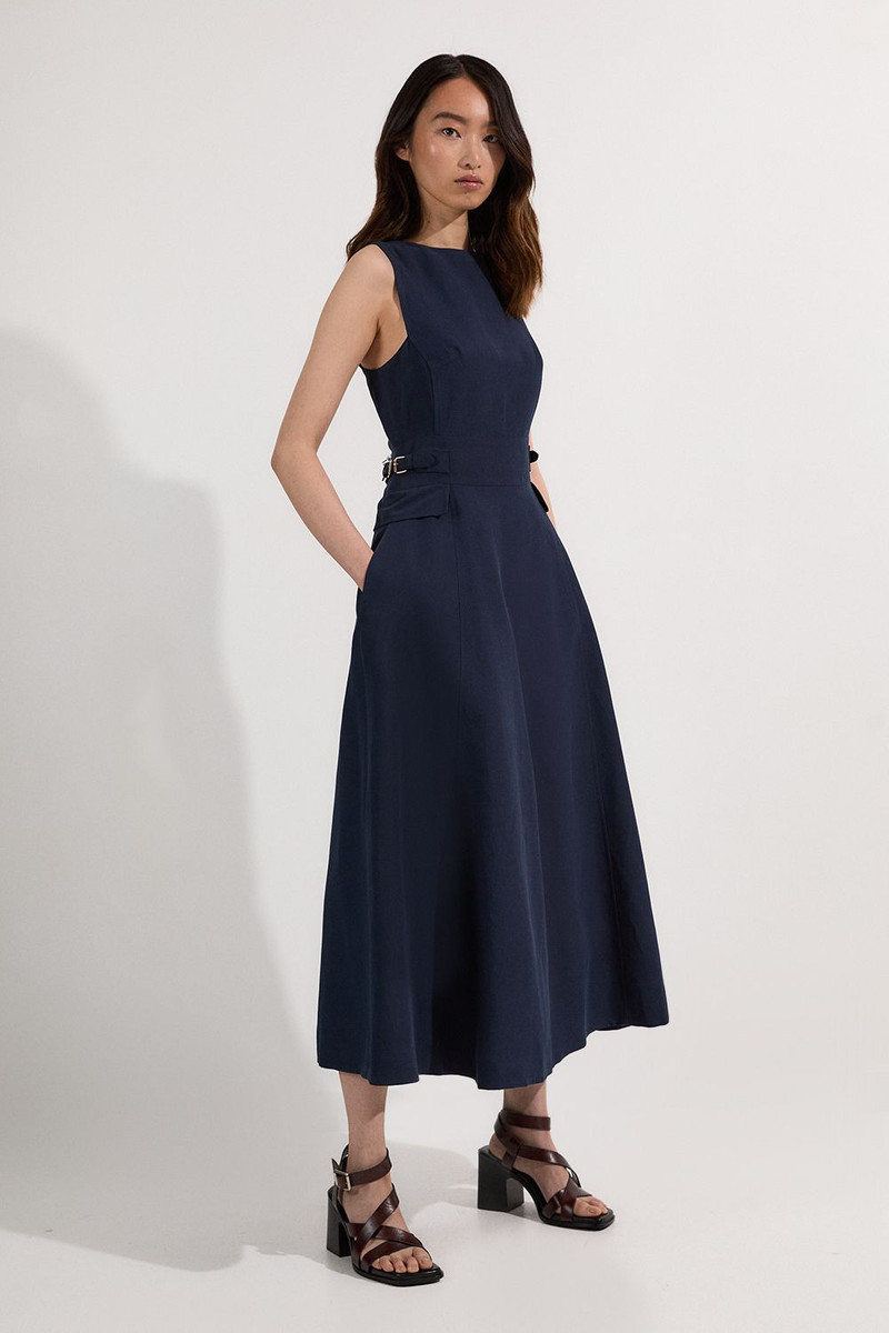 Premium Linen Tab Waist Detail Full Skirt Tailored Midi Dress 1