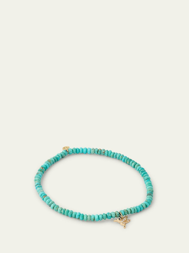 14K Yellow Gold Tiny Hummingbird Diamond Charm and Arizona Turquoise Bead Bracelet 4