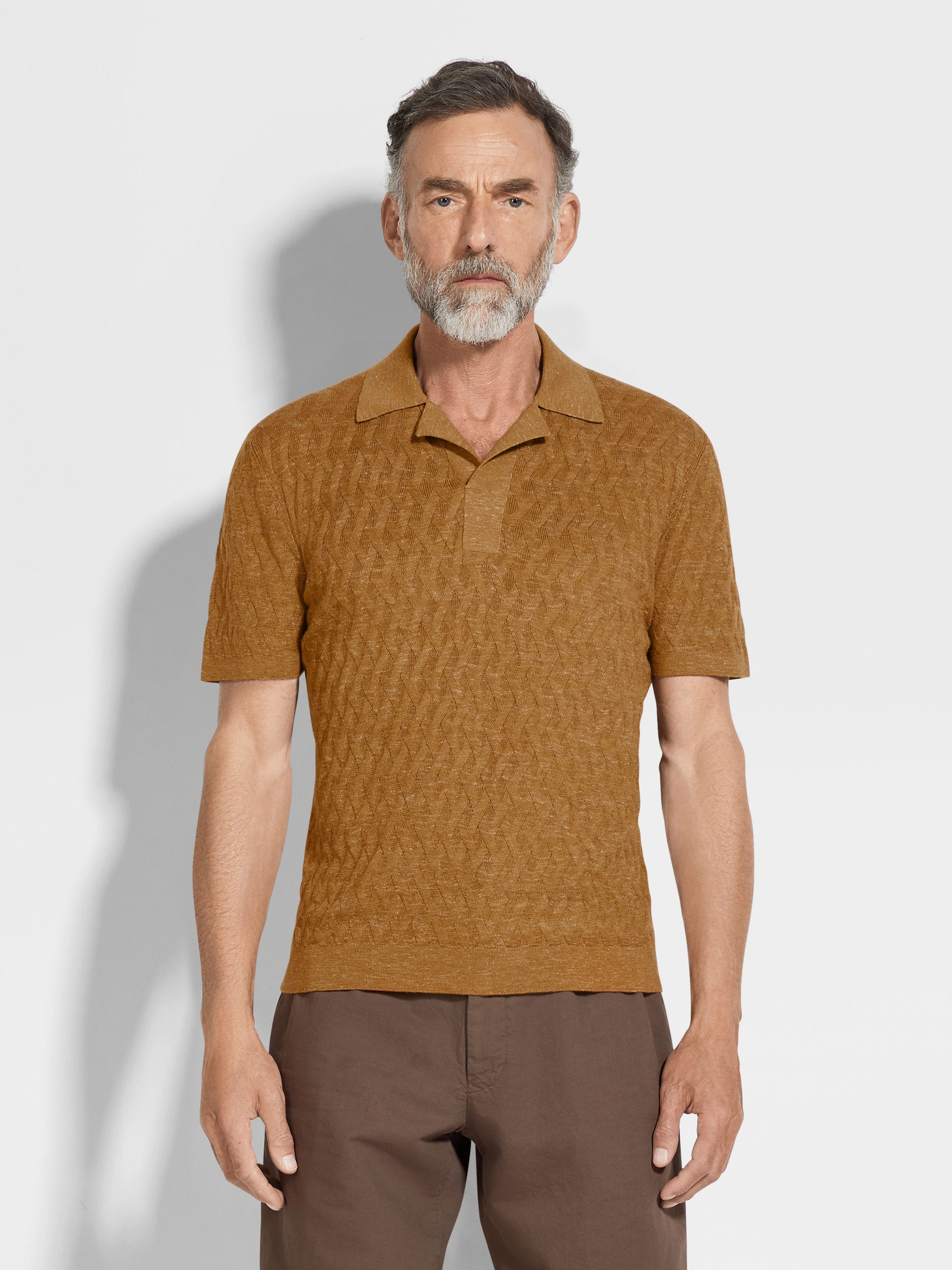 OCHRE MÉLANGE SILK CASHMERE AND LINEN POLO SHIRT - 4
