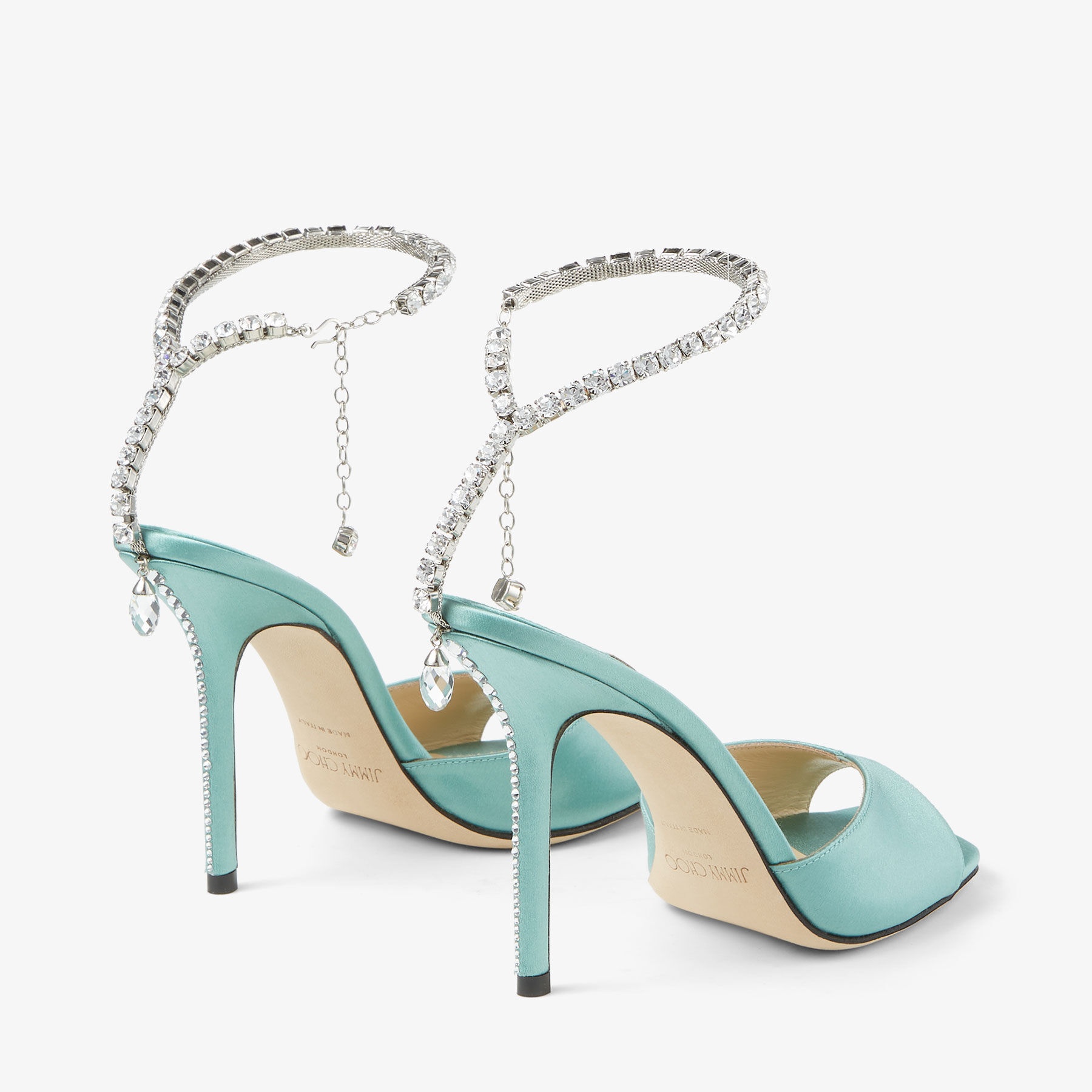 Saeda Sandal 100
Smoke Green Satin Sandals with Crystal Chain - 6