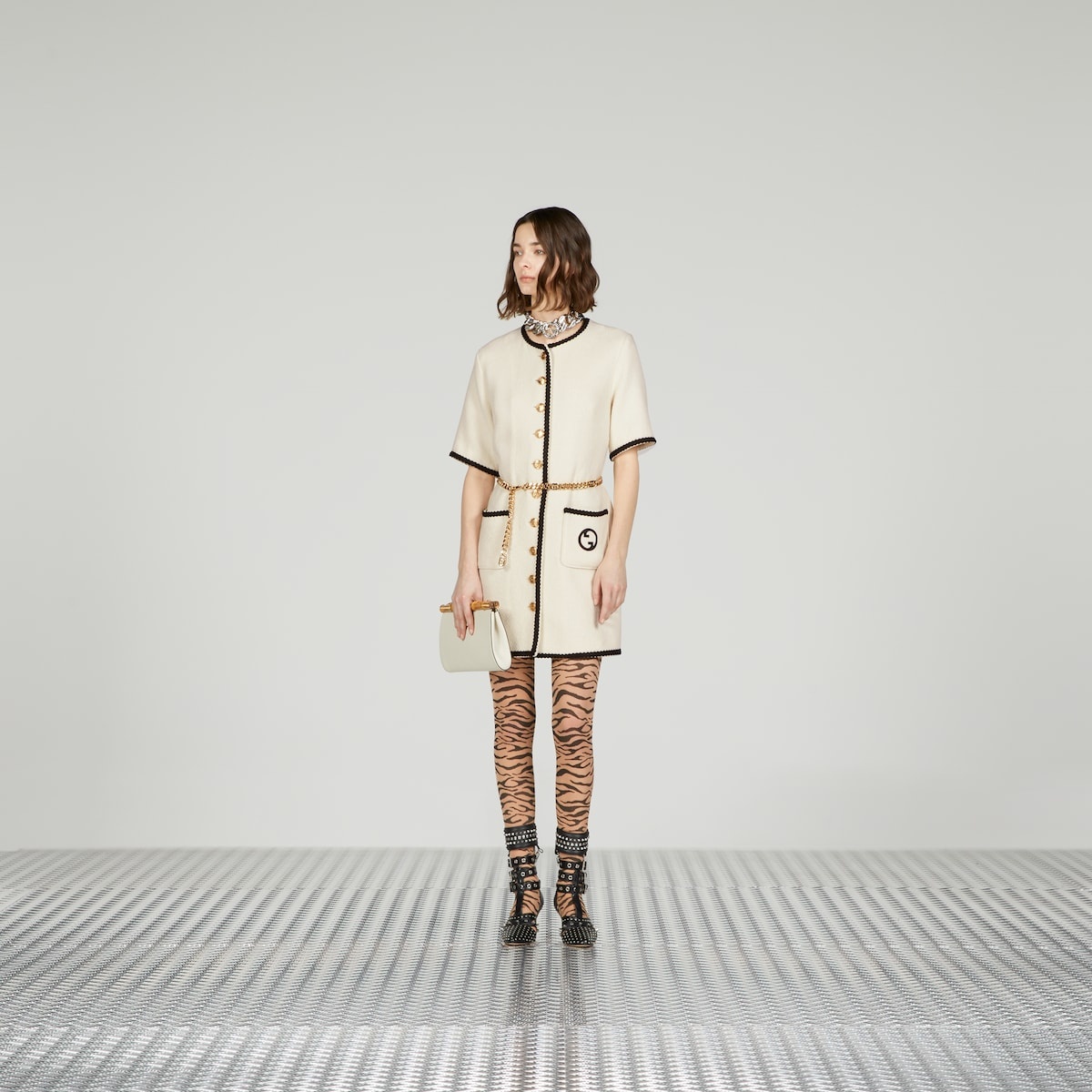 Retro tweed dress with chain belt - 2