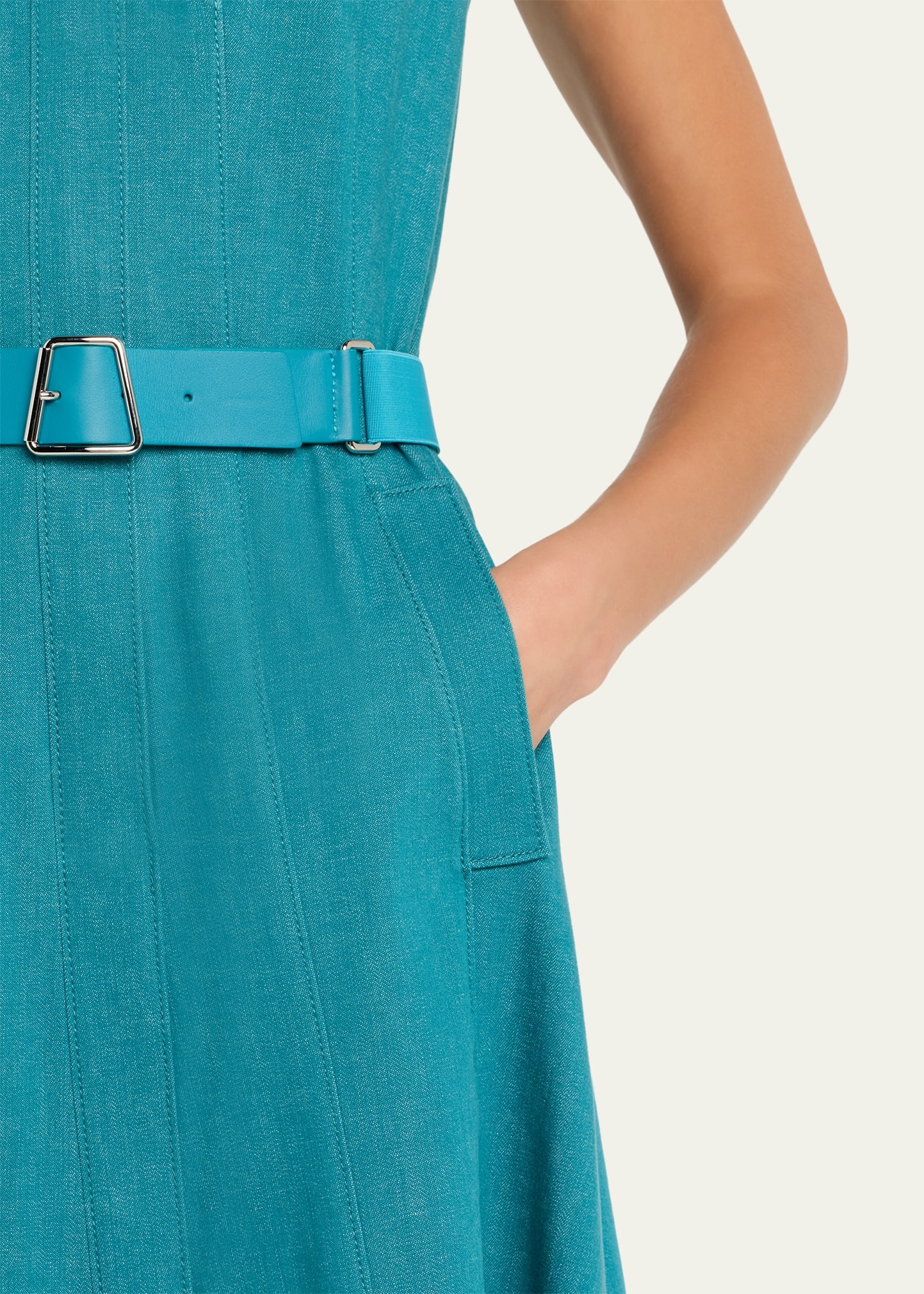 Sleeveless Belted Denim Midi Shirtdress - 5