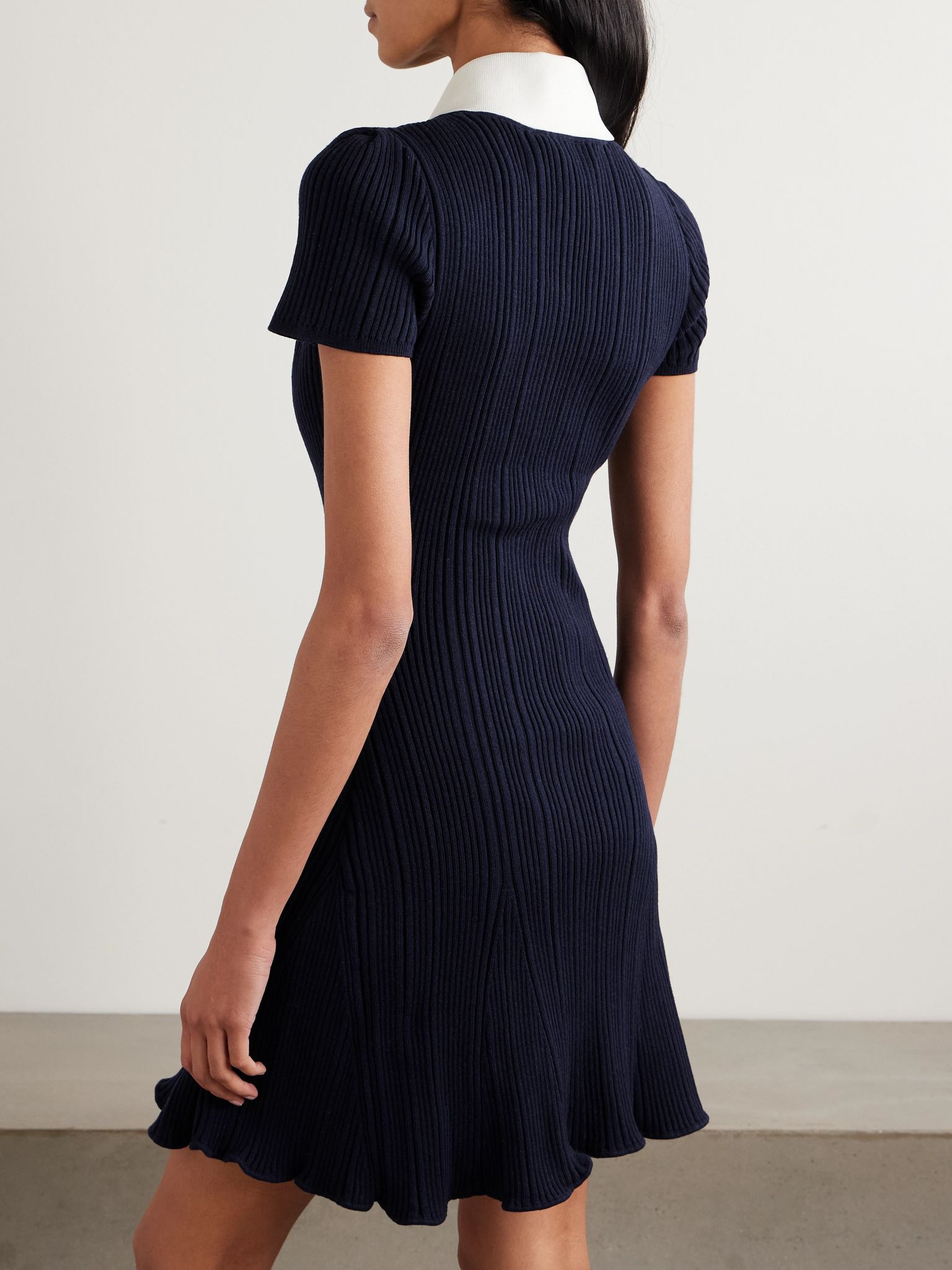 Button-embellished ribbed-knit mini dress Navy - 3