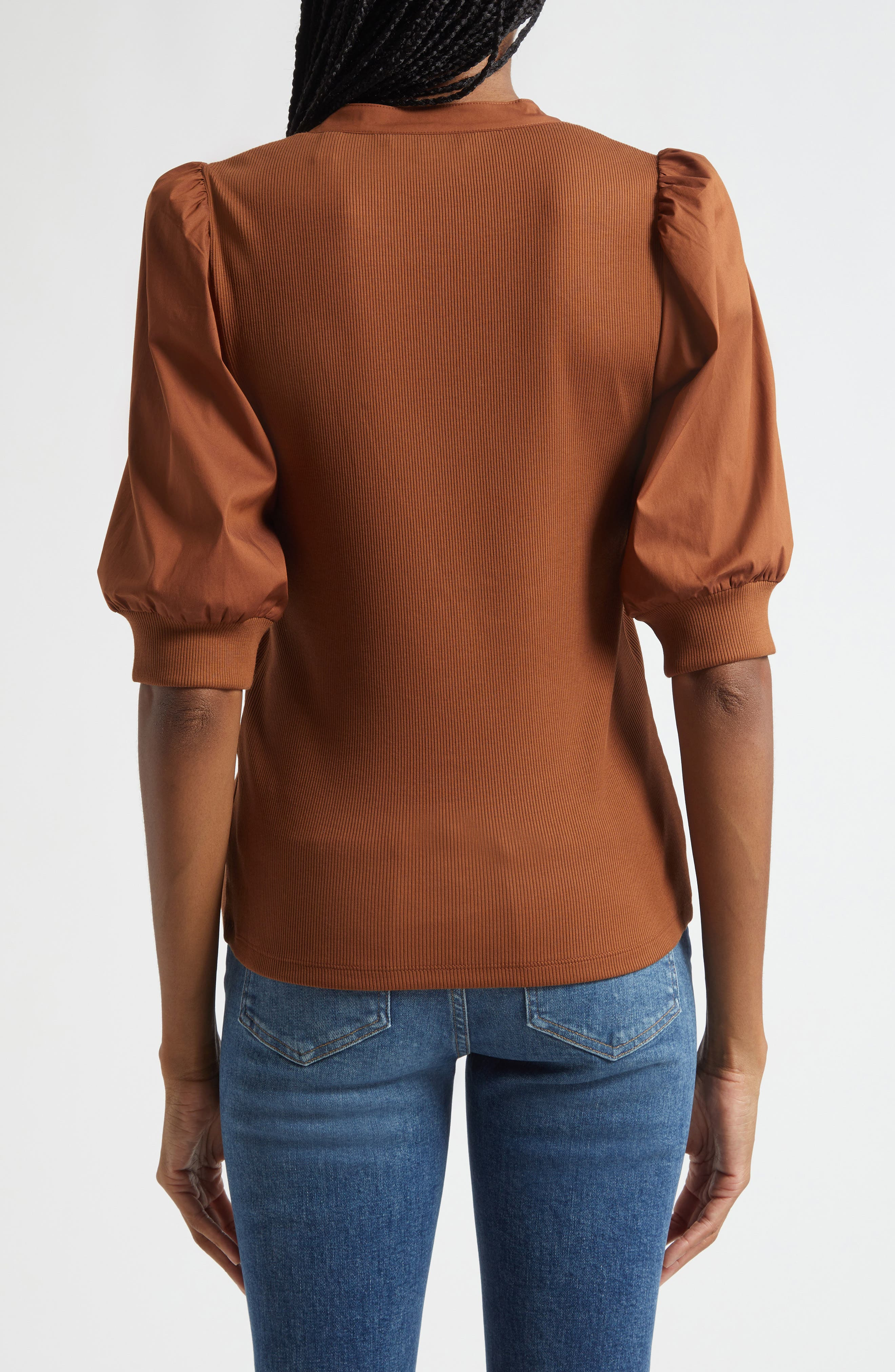 Veronica Beard Coralee Puff Sleeve Mixed Media Henley Top in Mahogany at Nordstrom - 2