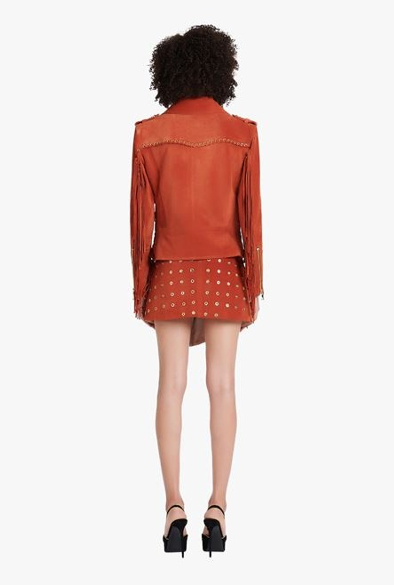 Balmain x Netflix -Terracotta and golden suede biker jacket 3