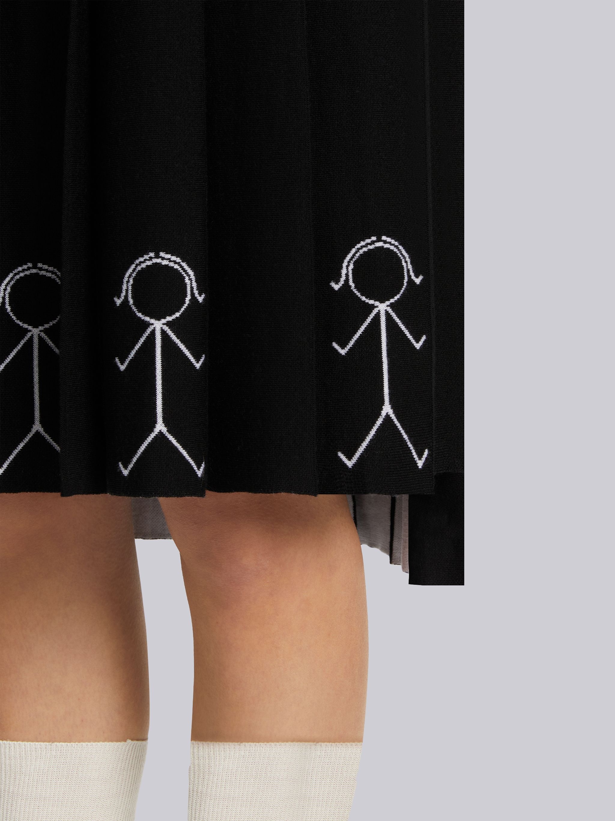 Black Fine Merino Wool Mrs. Thom Intarsia Below-the-Knee Pleated Skirt - 5
