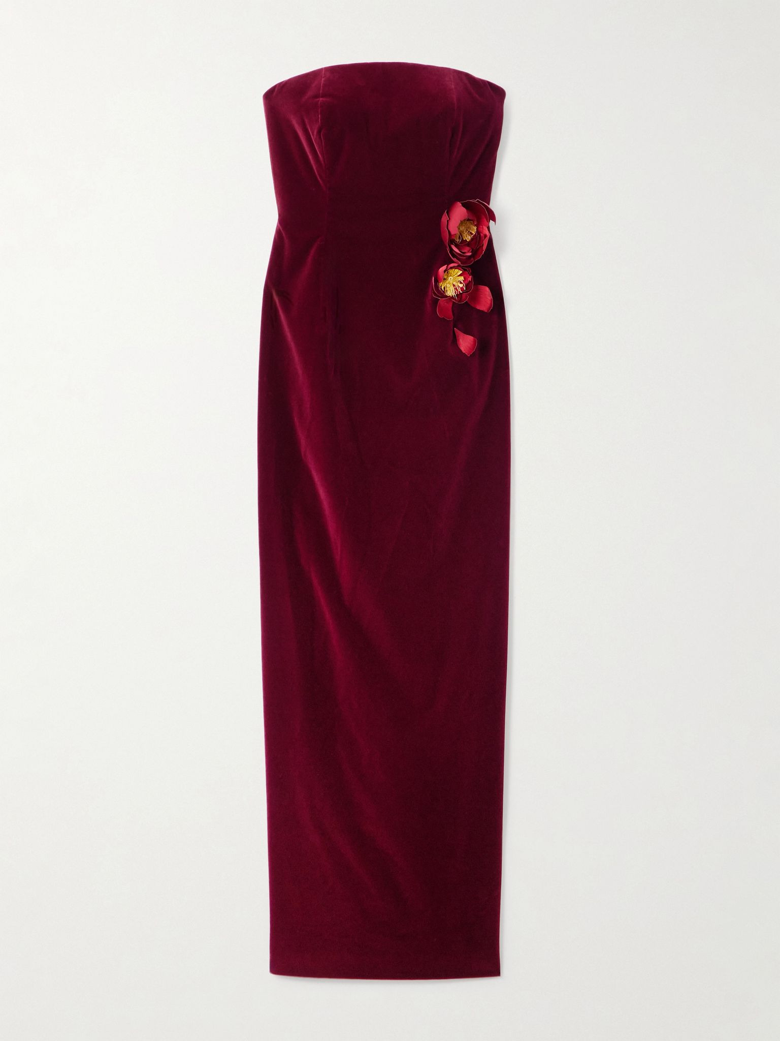 Strapless appliquéd cotton-blend velvet gown Burgundy - 1