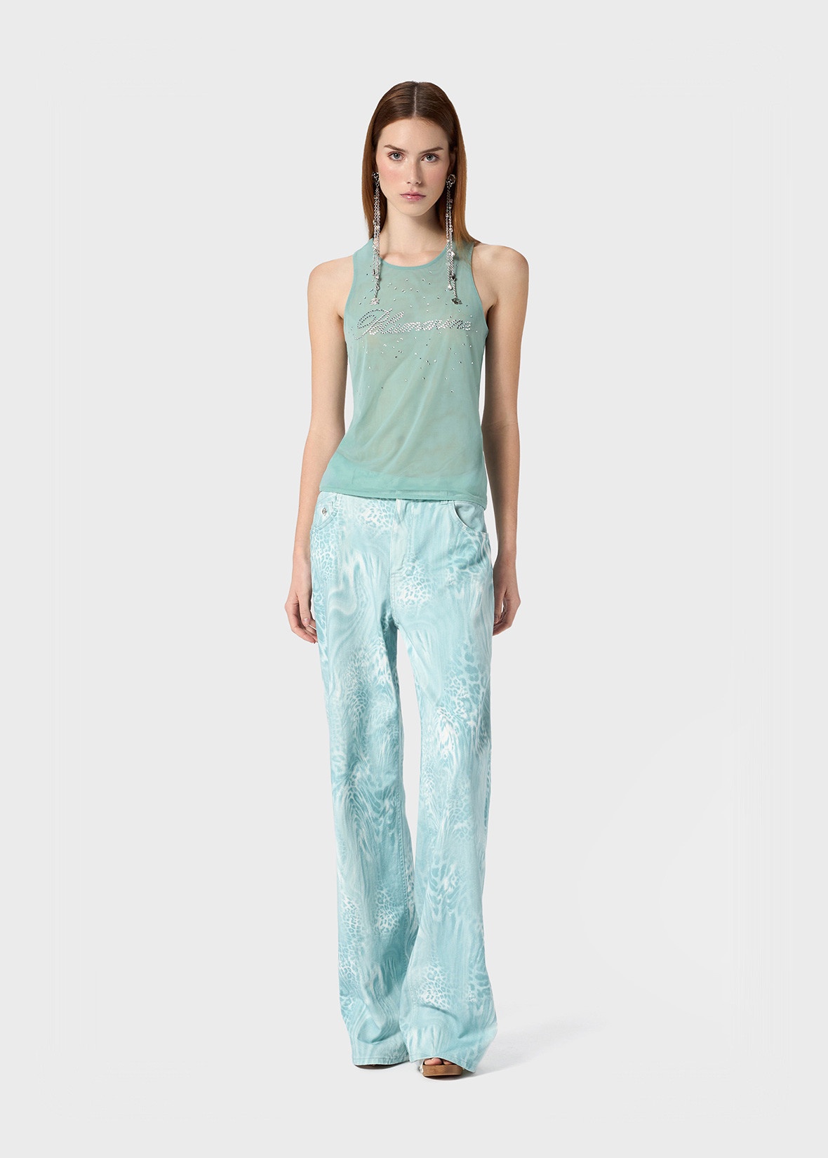 STRETCH TULLE TOP WITH GLASS RHINESTONE LOGO - 2