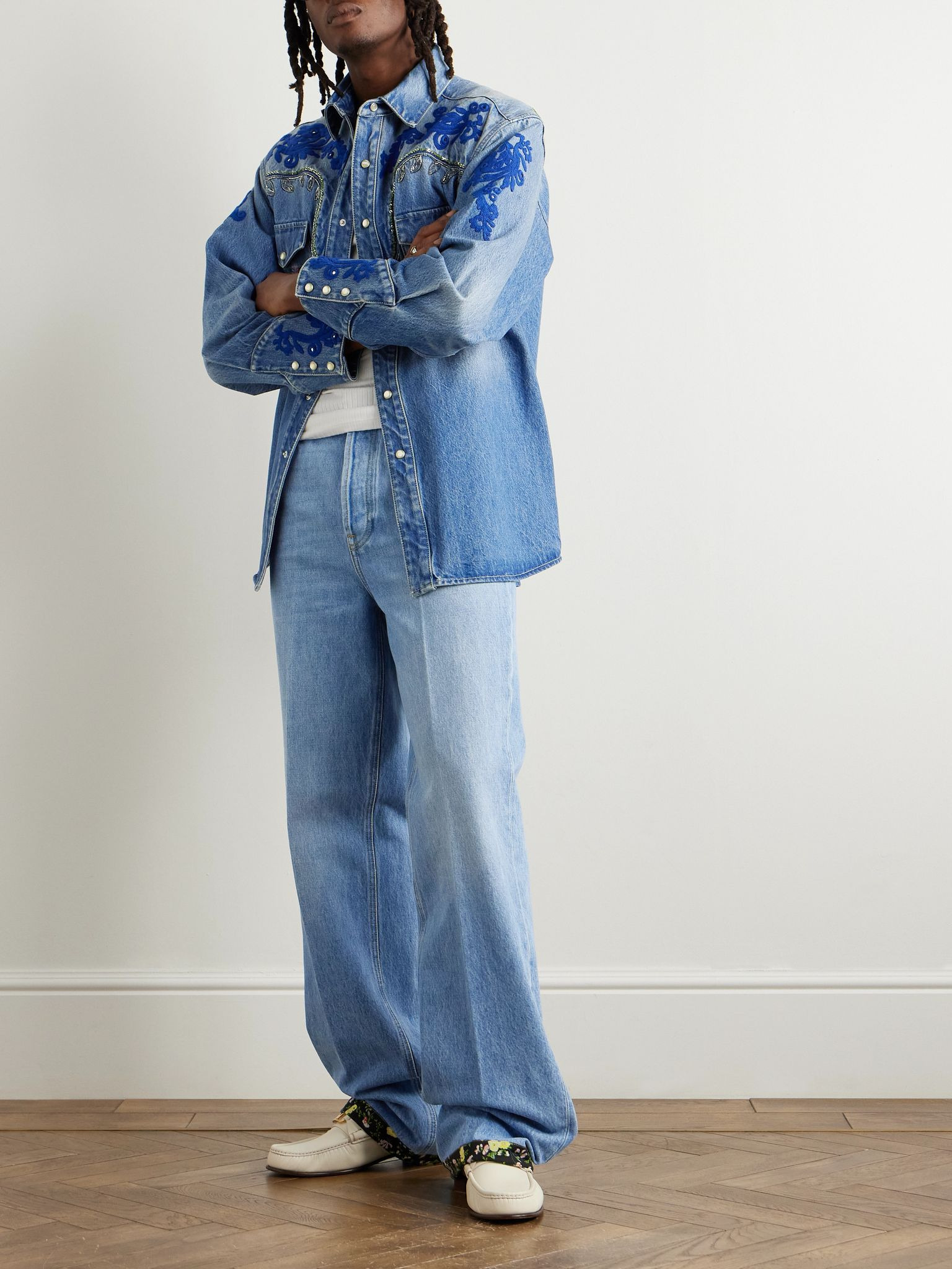 Straight-Leg Floral-Trimmed Jeans Blue - 2