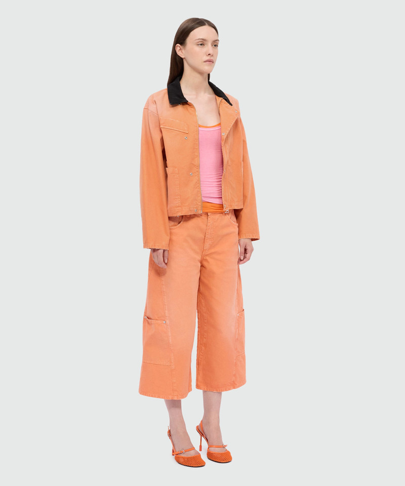 Orange cotton canvas jacket with aged-effect wash and black denim collar 4