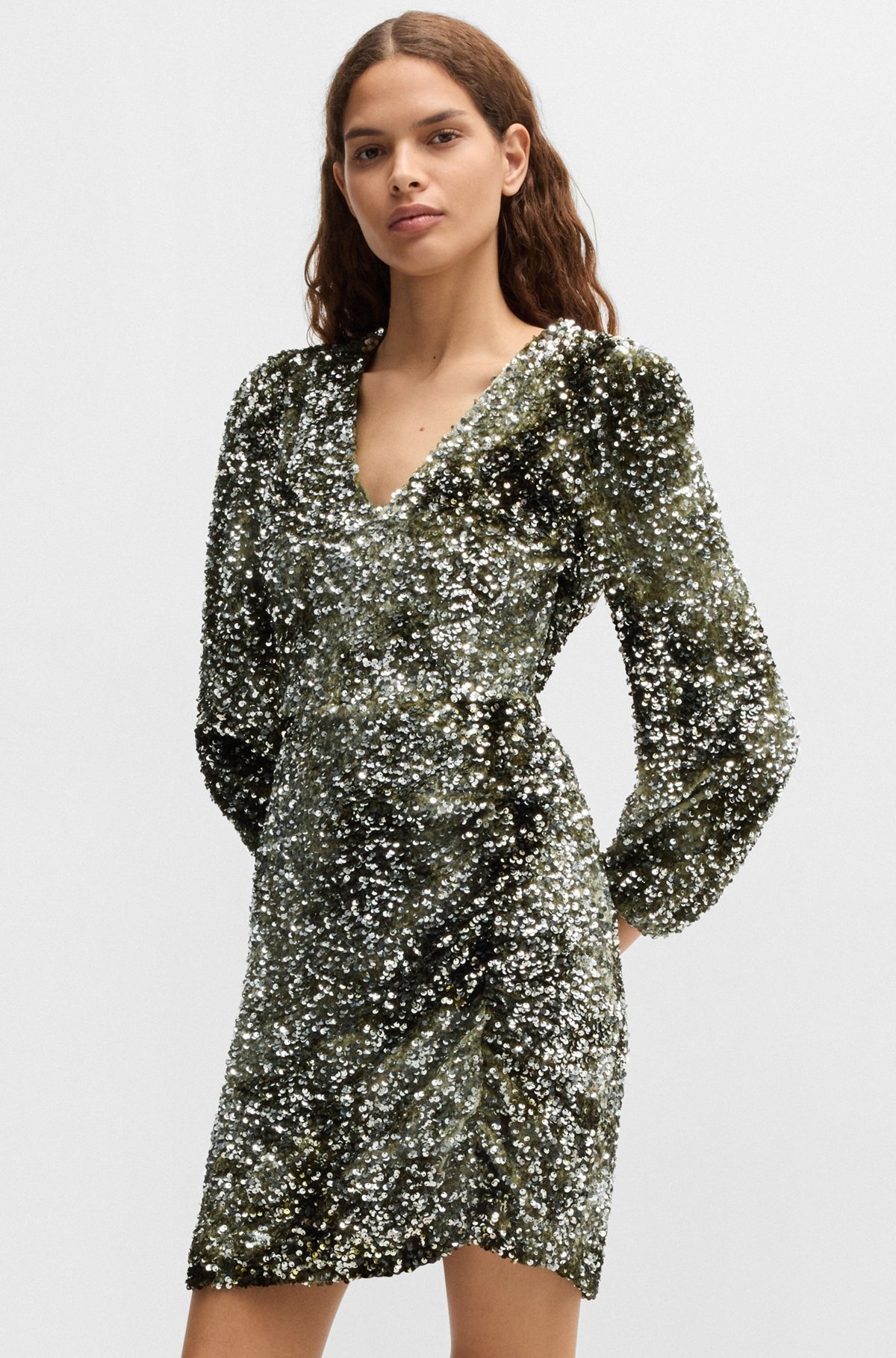 LONG-SLEEVED VELOUR DRESS WITH GATHERED DETAILS - 6