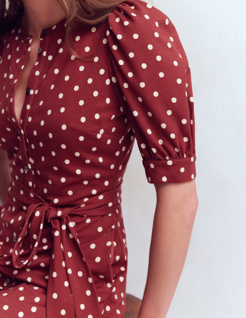 Puff Sleeve Ponte Shirt Dress-Red Pear, Painted Dot 3