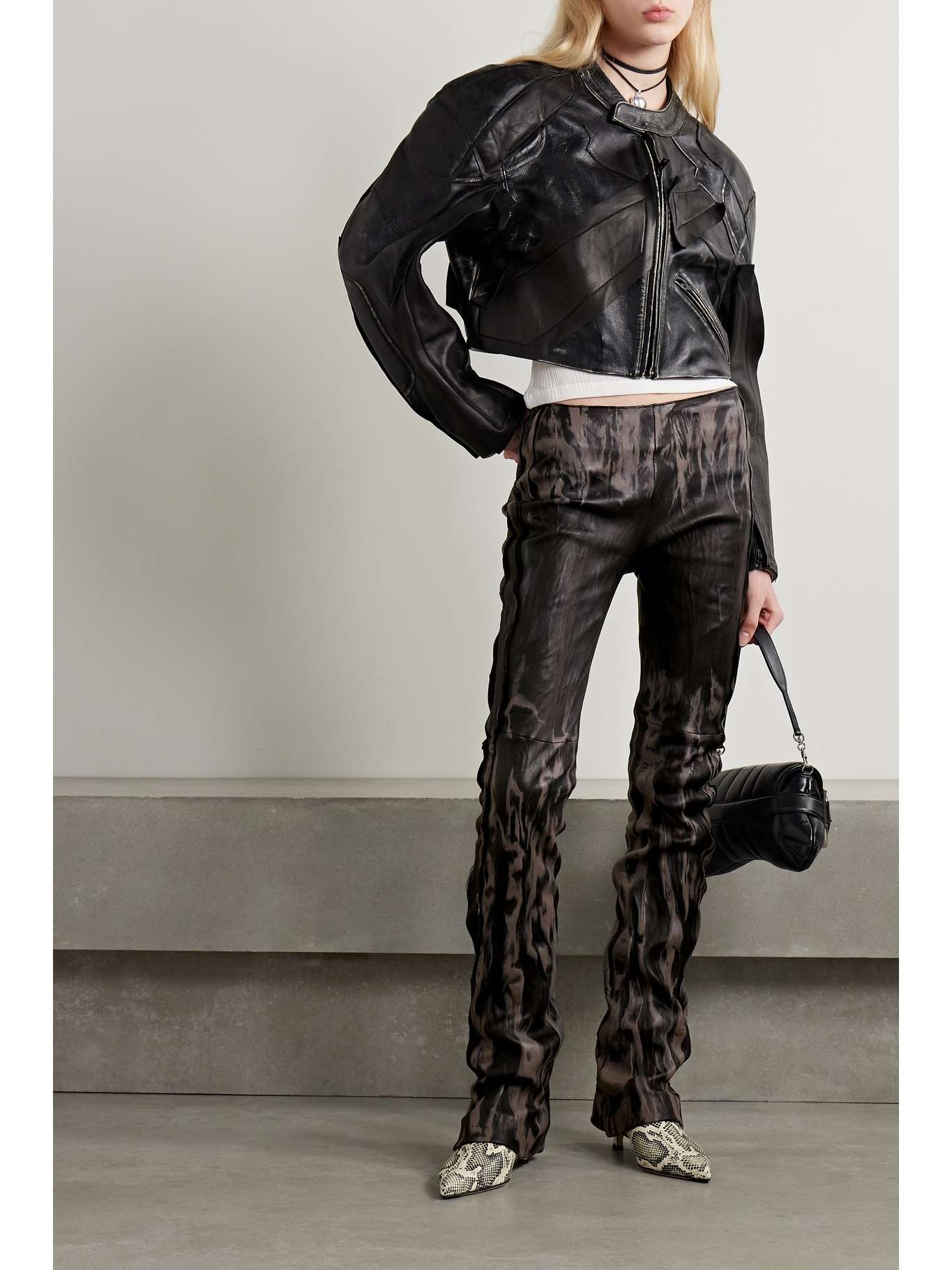 Distressed crinkled-leather straight-leg pants - 2