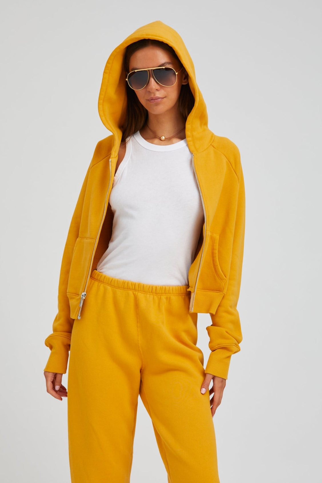 MUSTARD COTTON SHRUNKEN ZIP UP HOODIE - 2