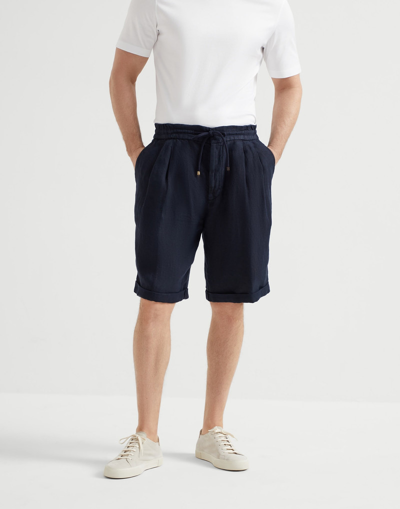 Garment-dyed Bermuda shorts in linen gabardine with drawstring and pleat - 1