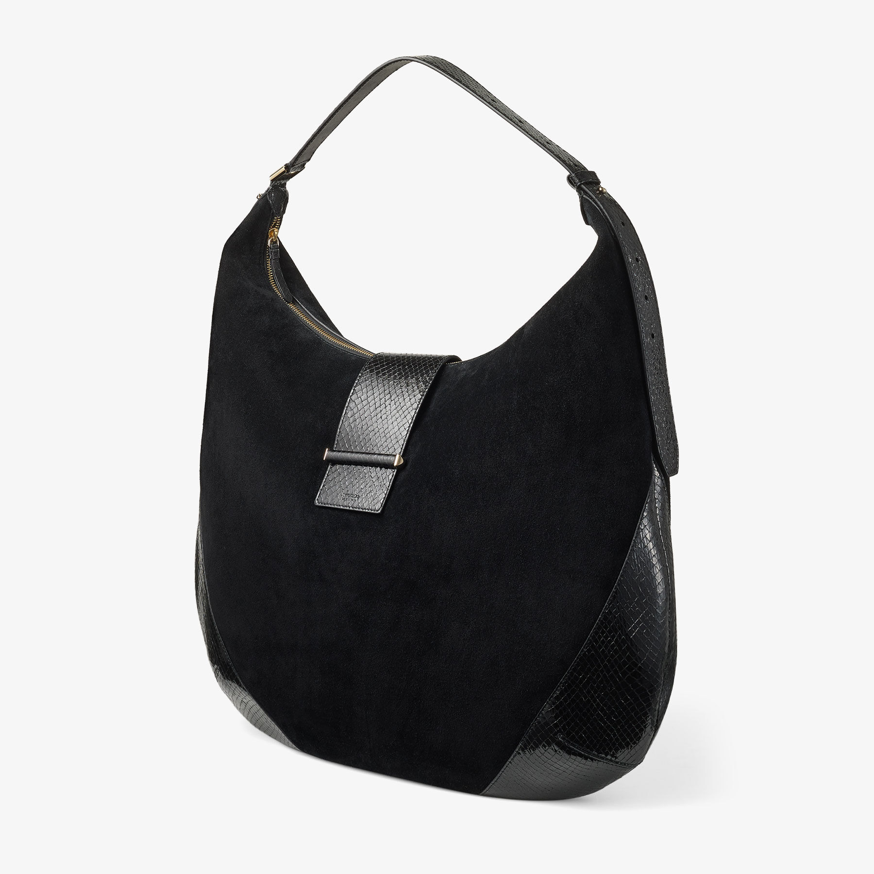 Bar Hobo L
Black Suede Shoulder Bag with Shiny Snake Printed Leather Trims - 2