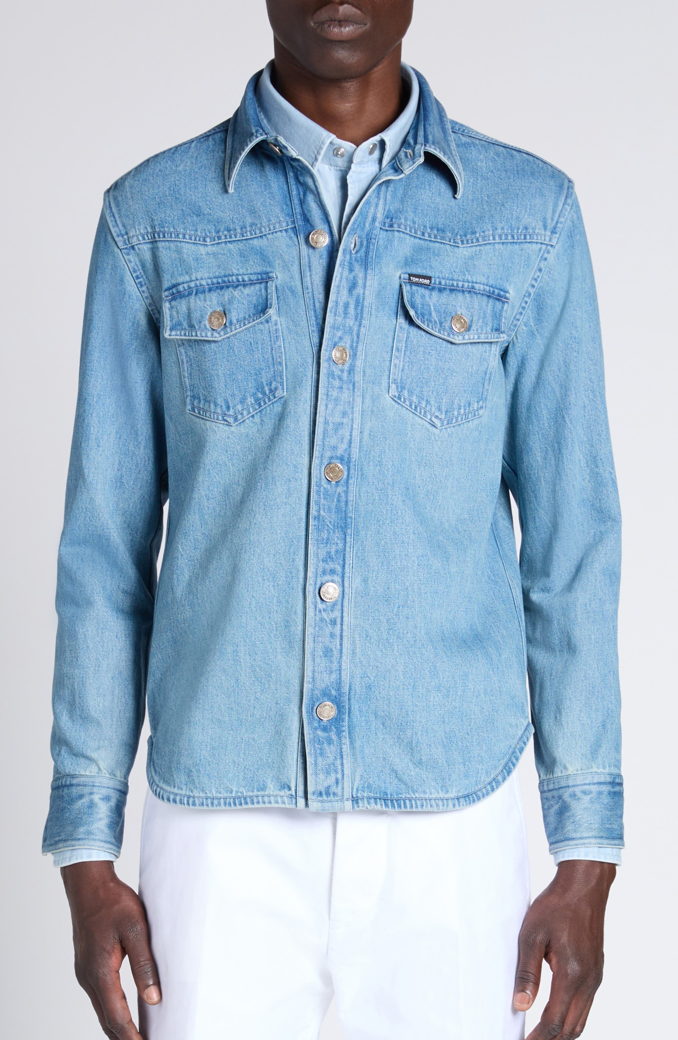 TOM FORD Washed Denim Overshirt in Blue at Nordstrom - 5