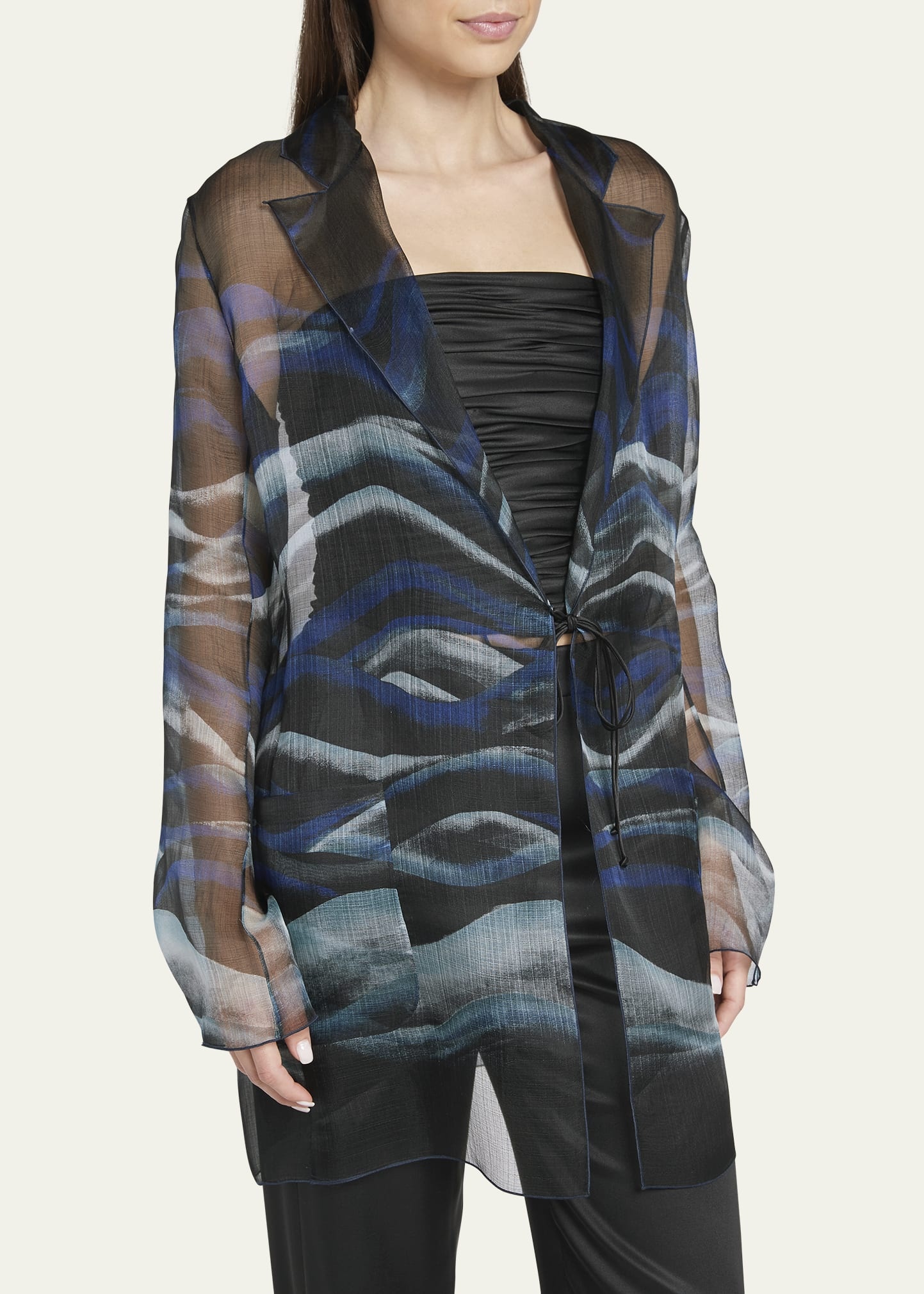 Night Water Print Self-Tie Silk Blouse Jacket - 4