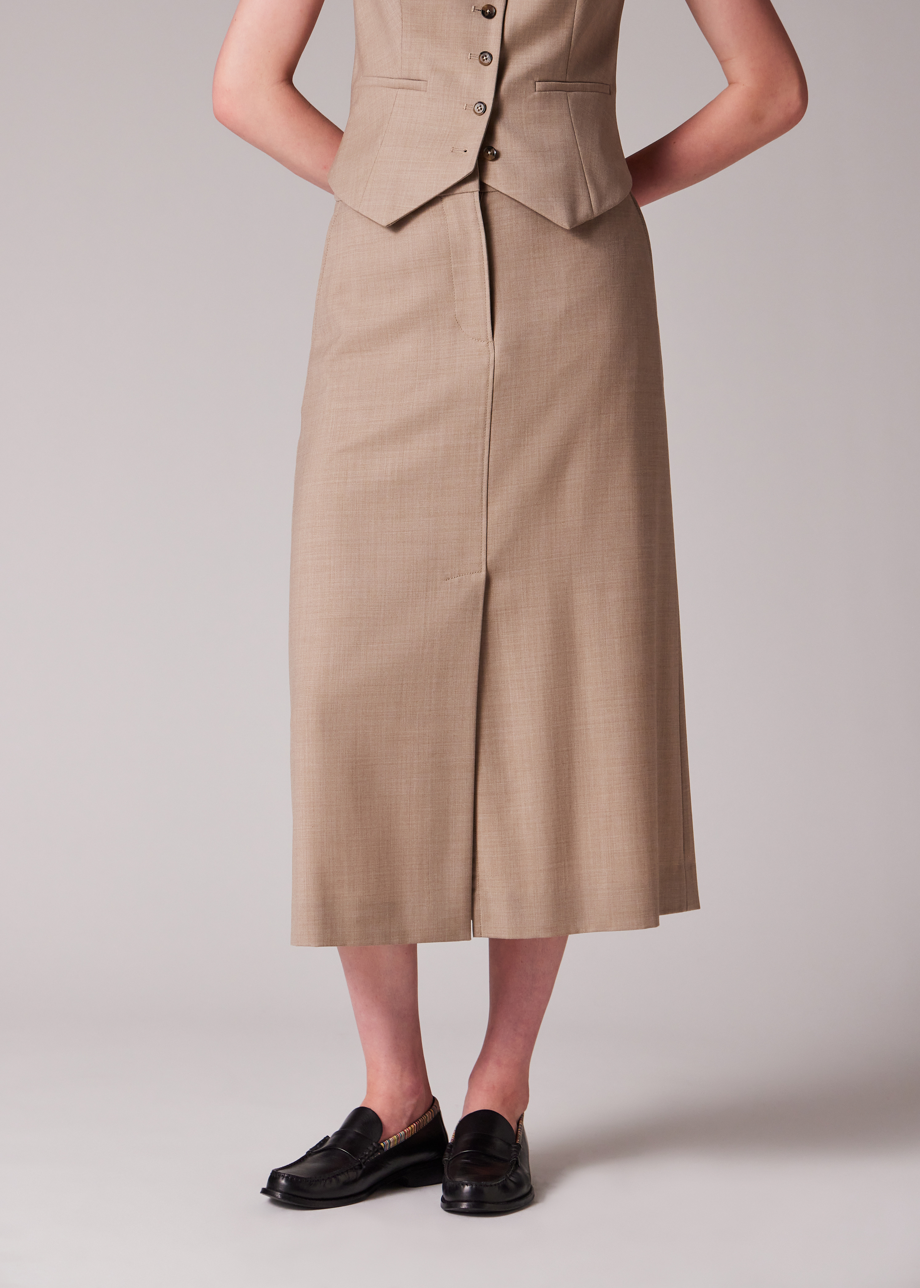 A Suit To Travel In - Women's Stone Wool Waistcoat & Tailored Skirt - 8