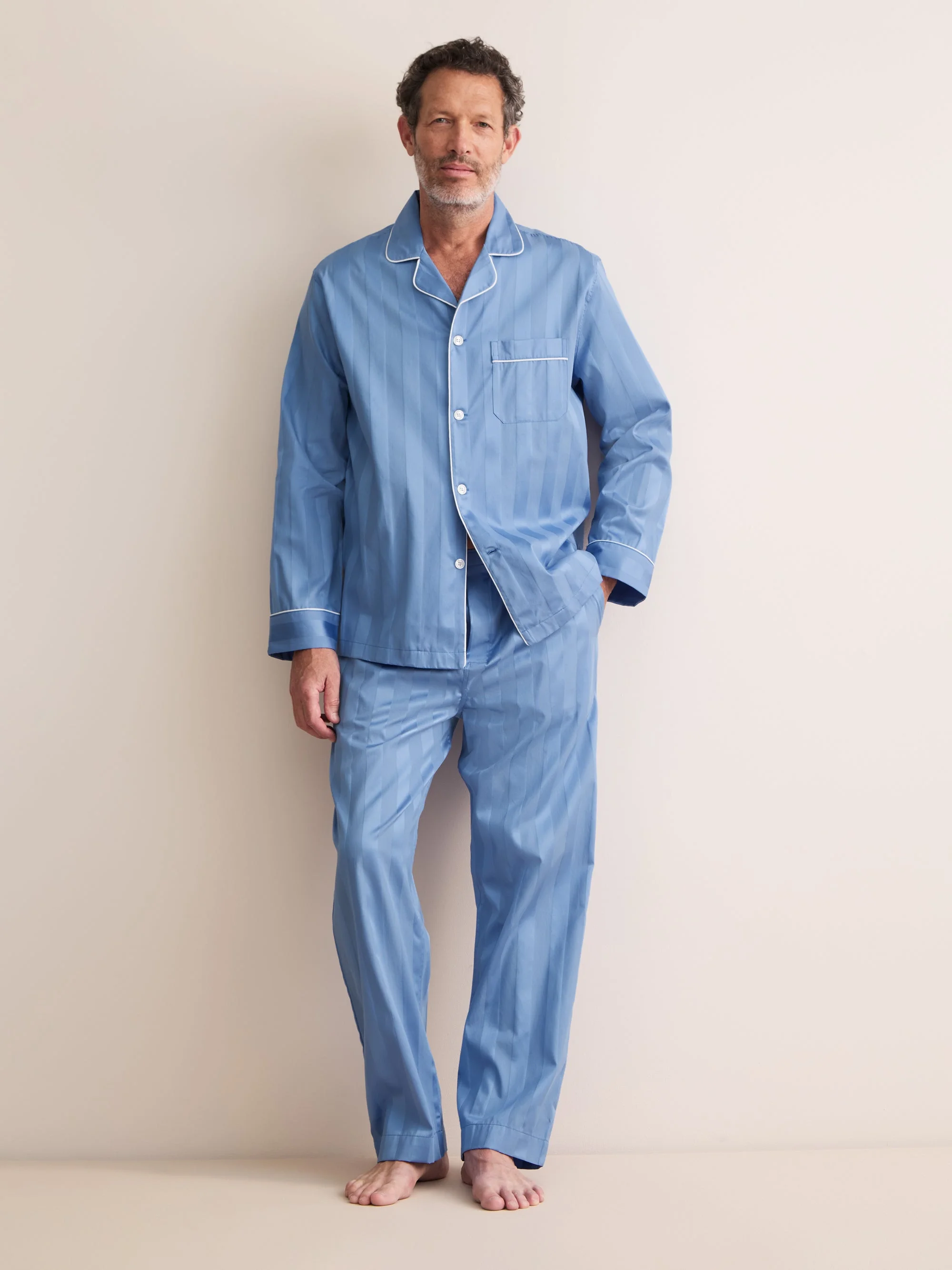 Lingfield Cotton Pajamas Mid Blue Tonal Stripe - 1