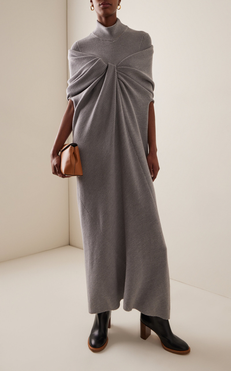BRANDON MAXWELL The Holden Wool Turtleneck Draped Midi Dress grey outlook