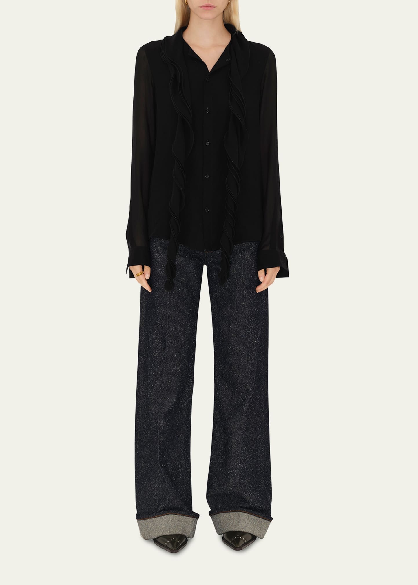 Ruffled Long Sleeve Silk Blouse - 2