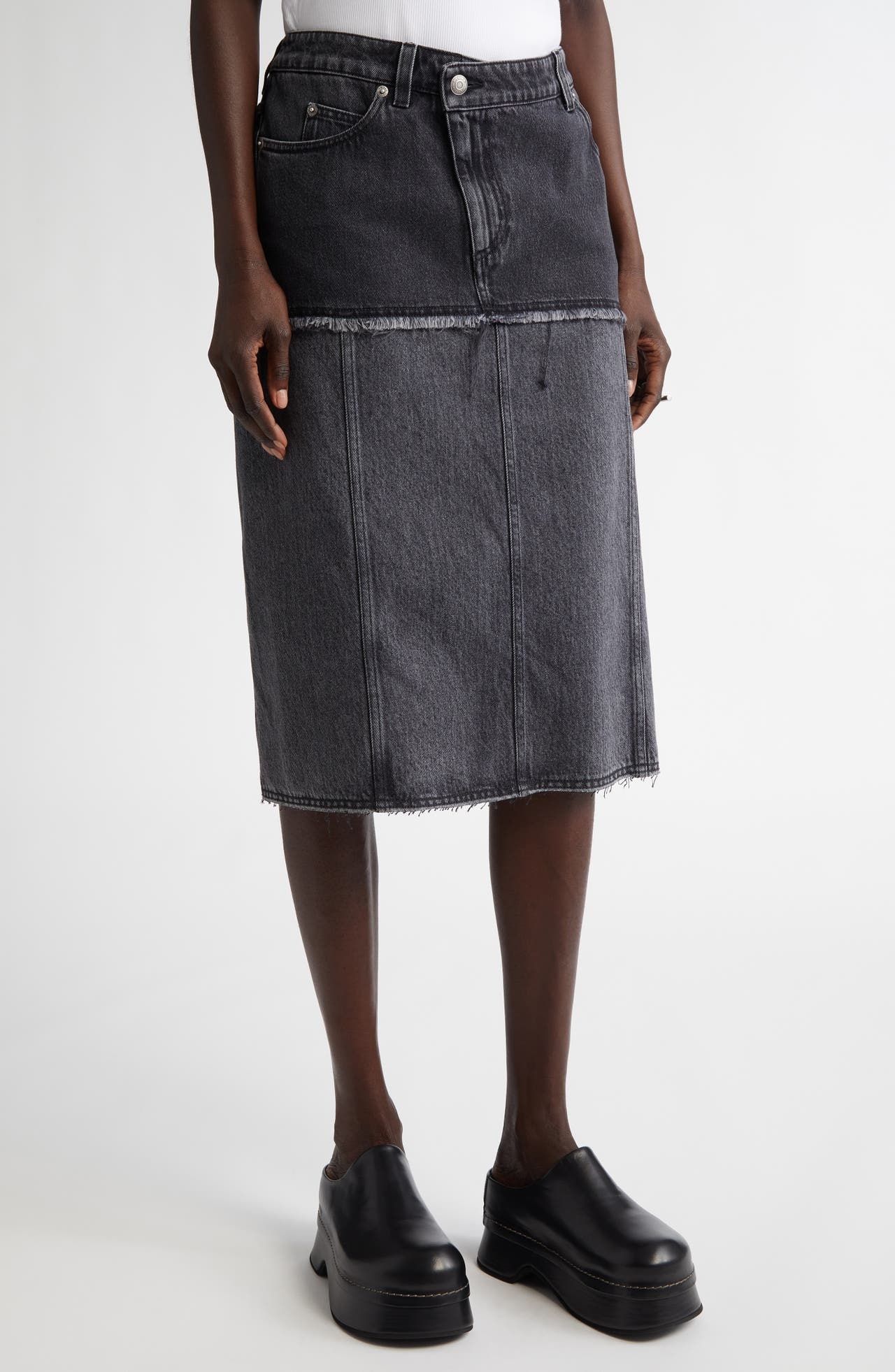 Alexander McQueen Two-Tone Low Rise Denim Midi Skirt in Black Stonewashed at Nordstrom - 1