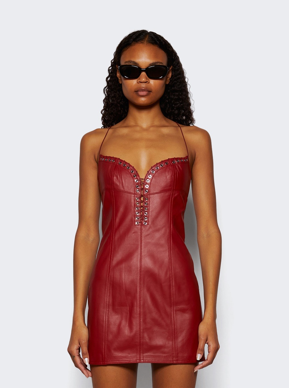 Cleavage Leather Mini Dress Red - 3