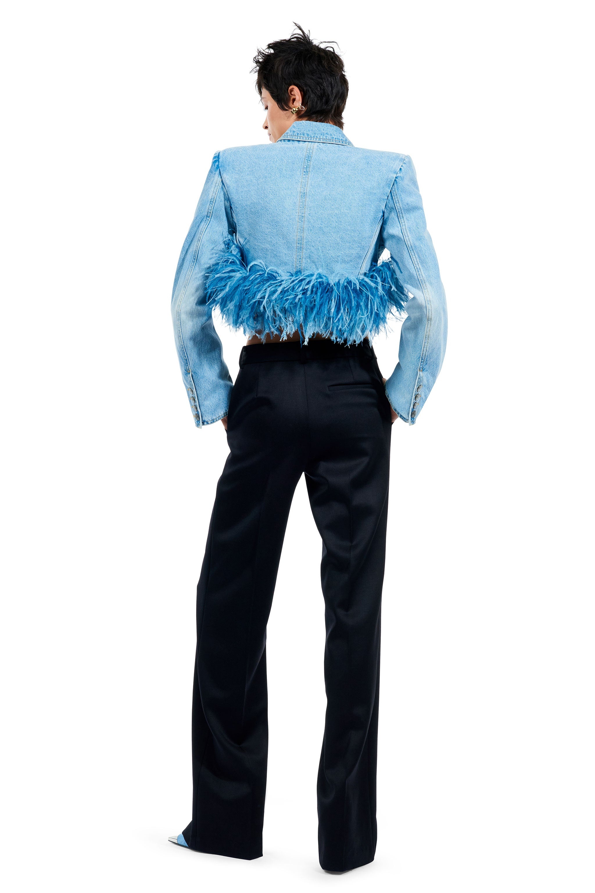 FRAYED DENIM FEATHER TRIM CROPPED BLAZER - 5