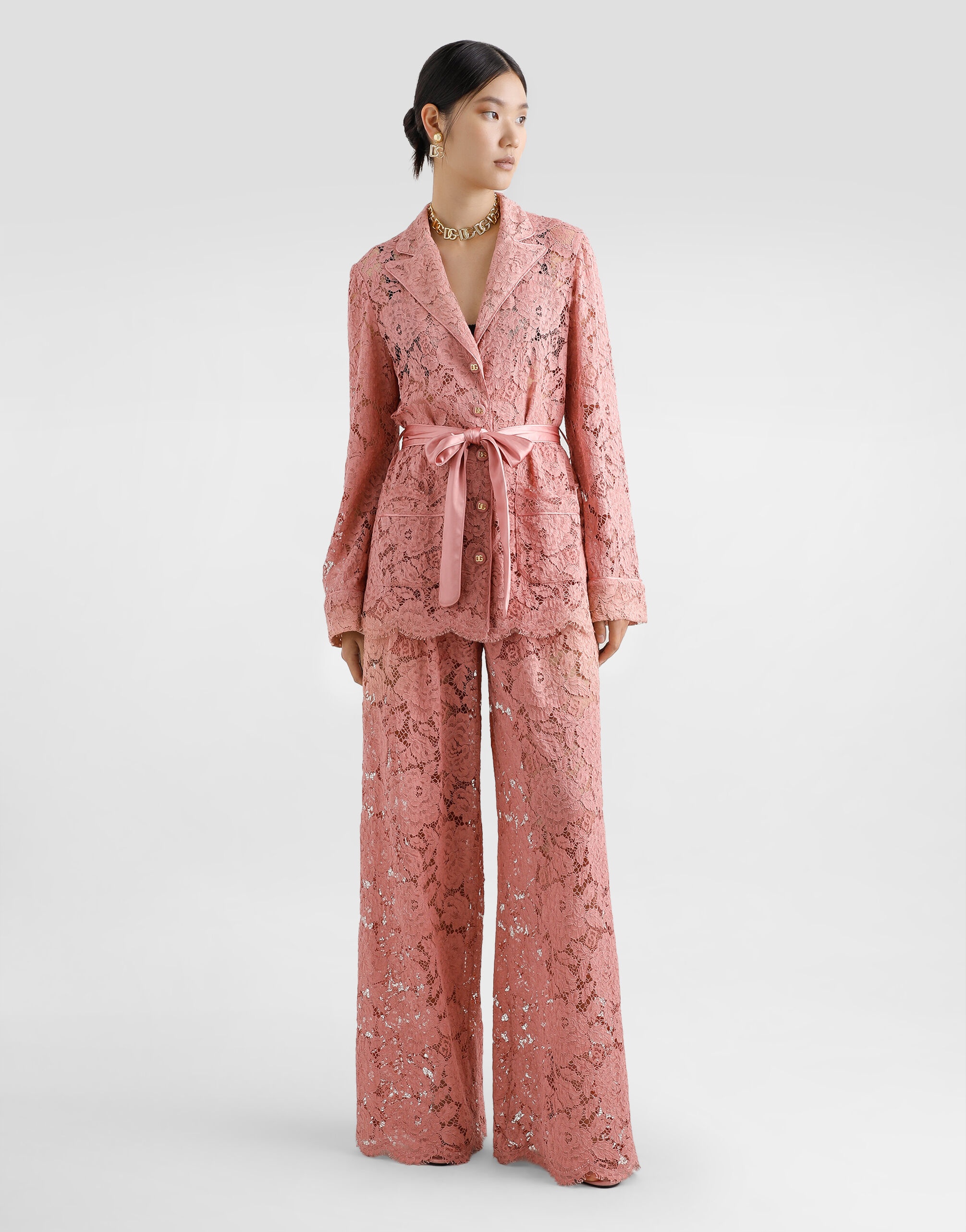 Floral cordonetto lace pajama shirt with DG logo - 2