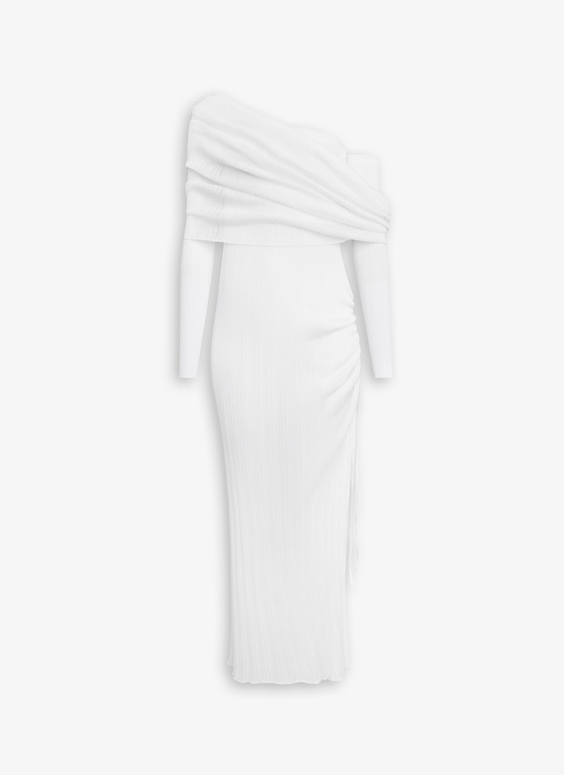 DRAPED OFF SHOULDER DRESS IN PLEATED KNIT - 1