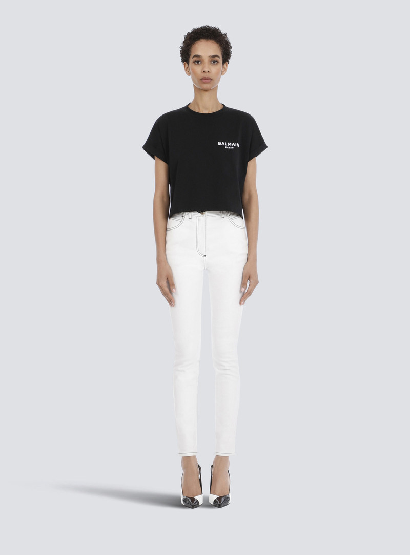 Cropped eco-designed cotton T-shirt with small flocked Balmain logo 4