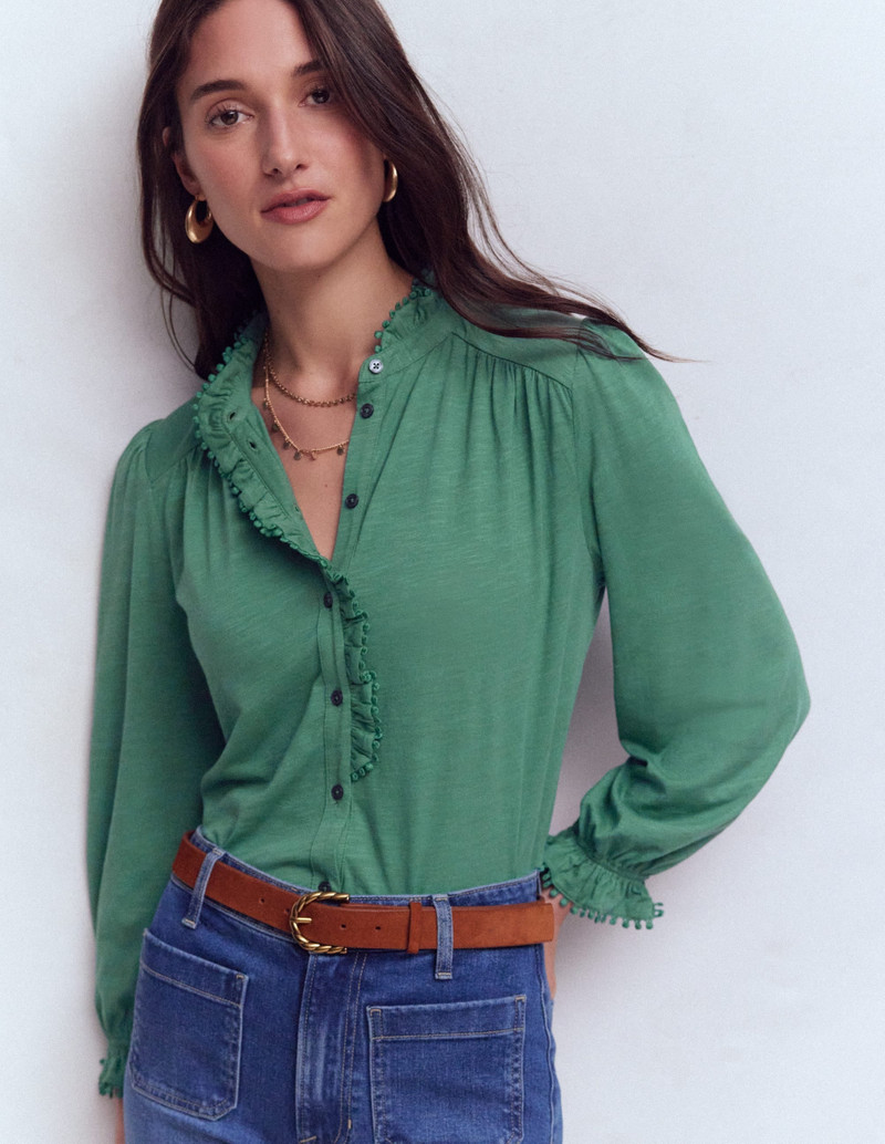Emily Pom Detail Ruffle Shirt-Deep Jungle 2