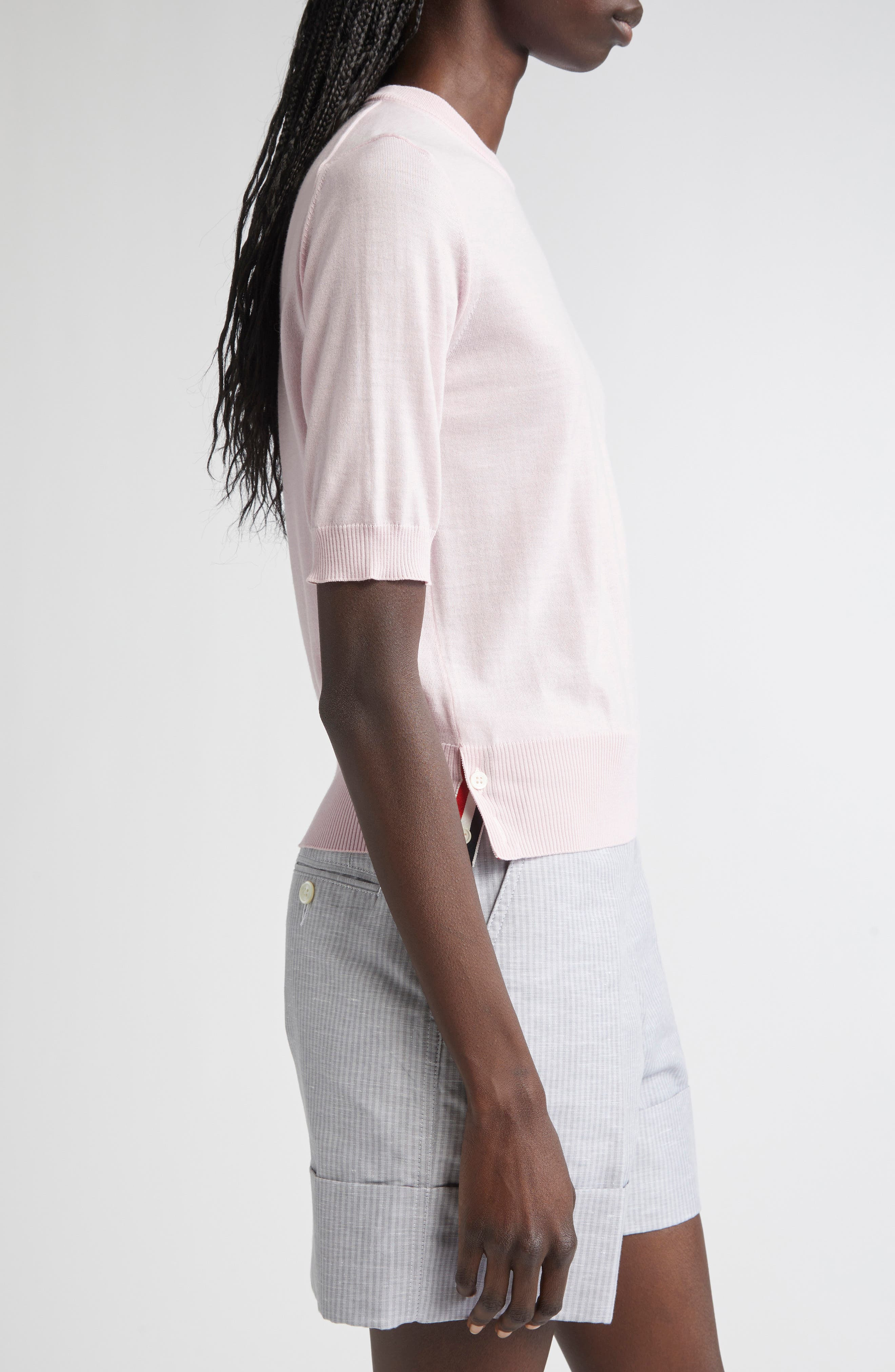 Thom Browne 4-Bar Short Sleeve Wool Blend Sweater in Light Pink at Nordstrom - 4