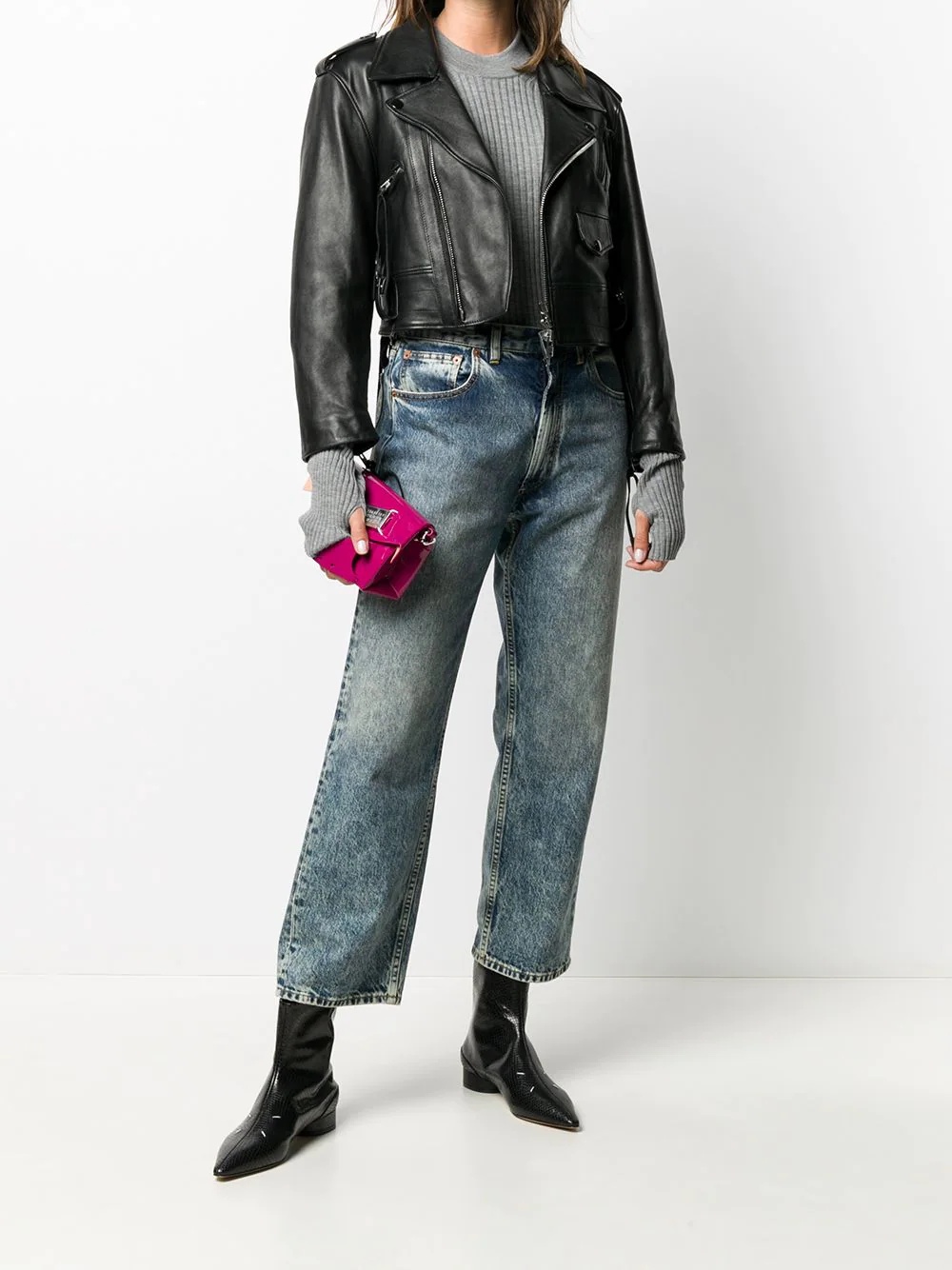 cropped leather biker jacket - 2