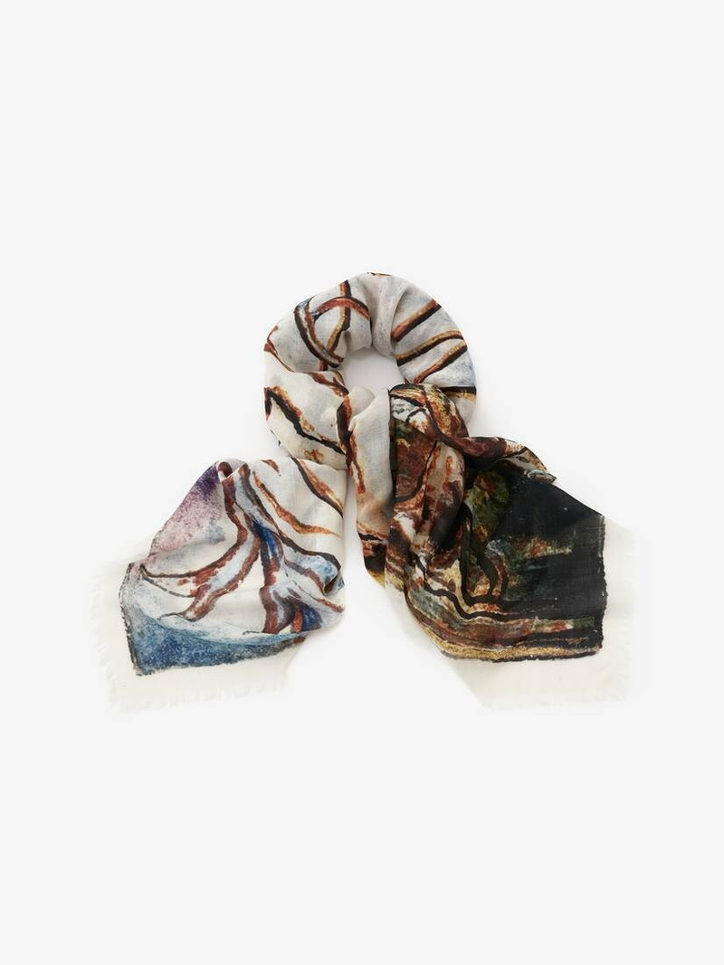 Alexander McQueen Blake Illustration Scarf in Ivory/light Brown outlook