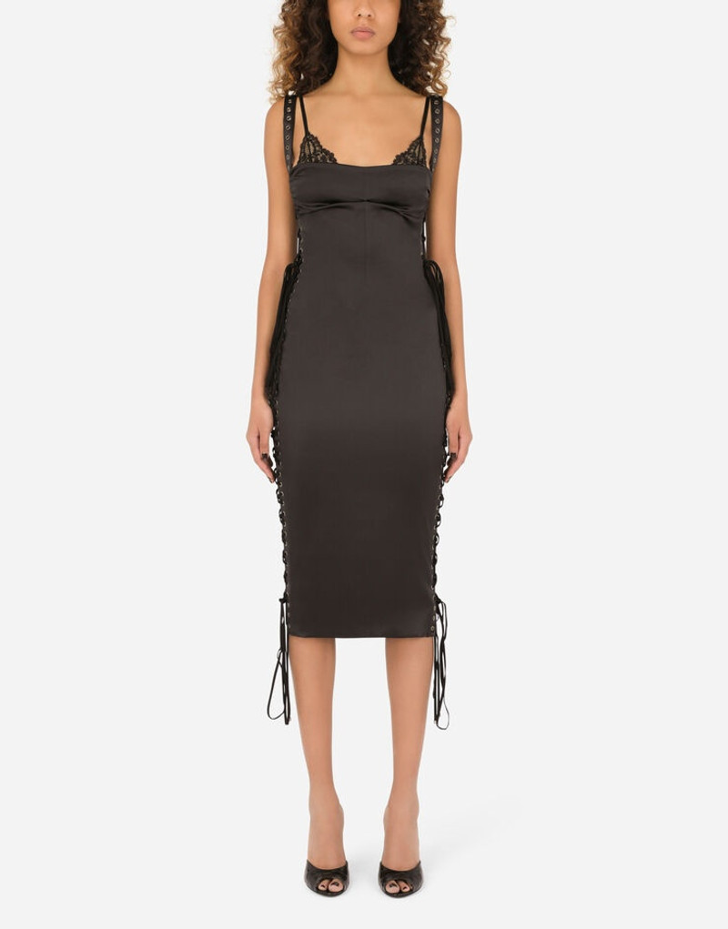 Satin calf-length dress with laces and eyelets 1