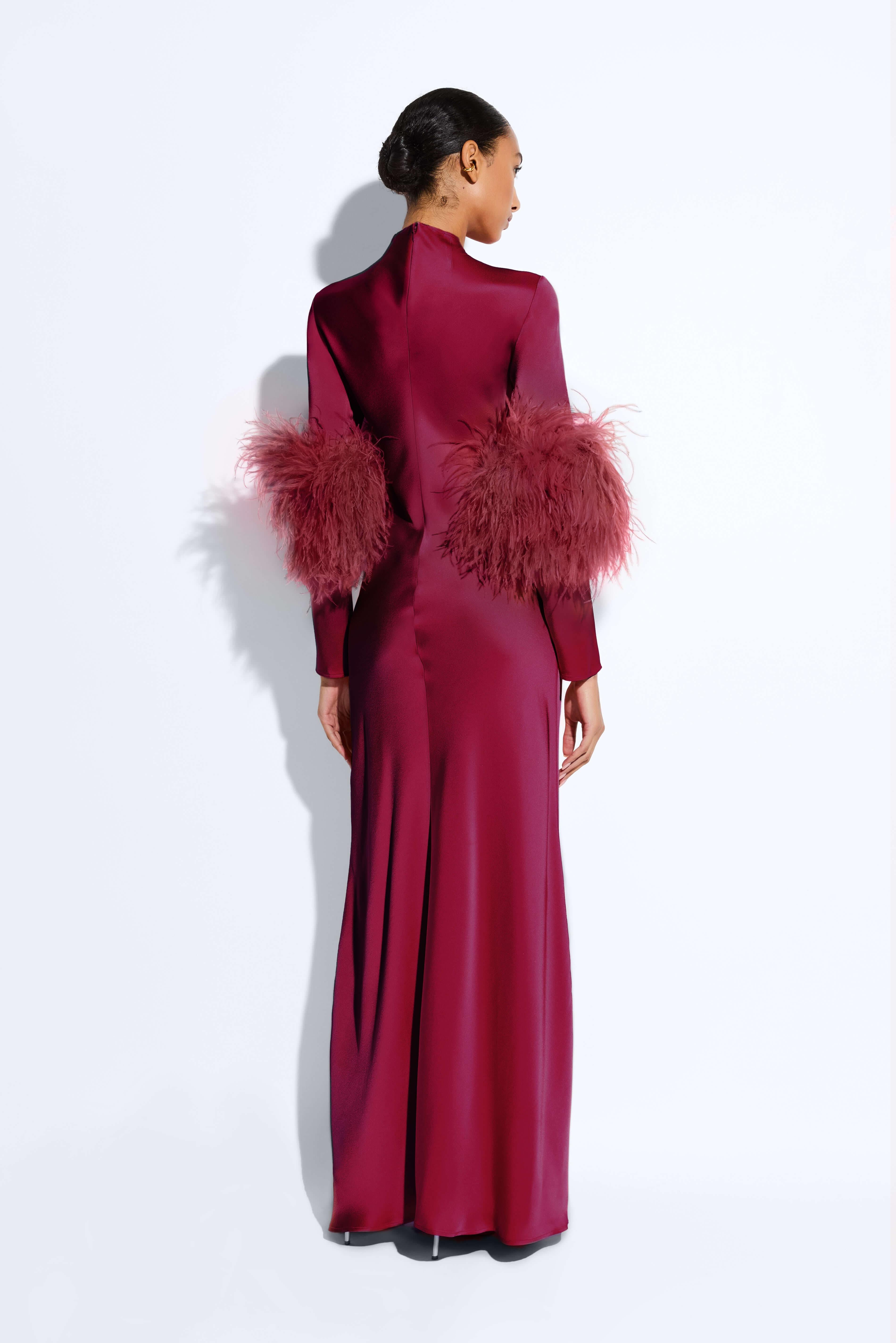 Satin Tab Gown With Feathers - 3