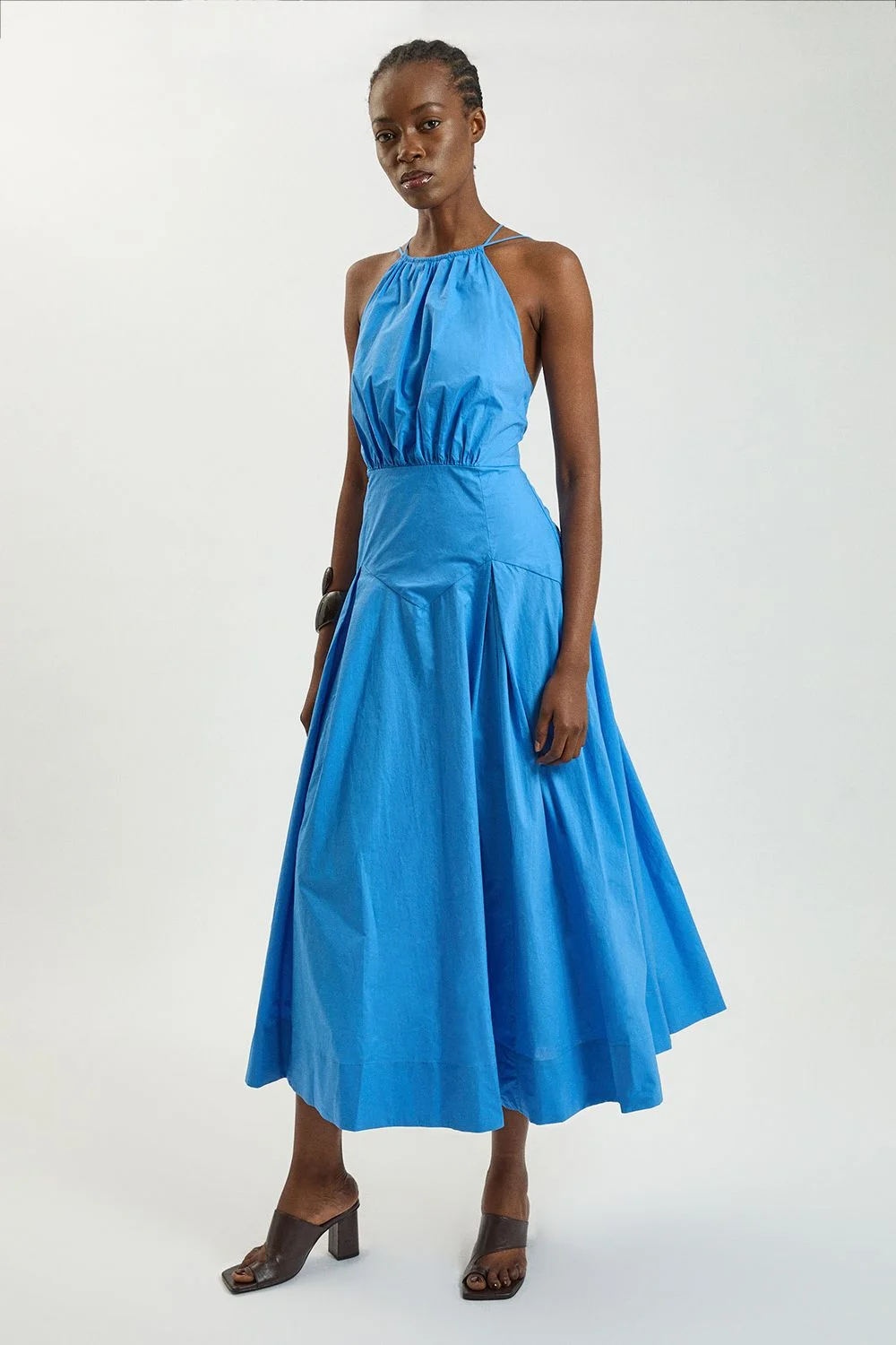 Cotton Halter Neck Woven Midi Dress With Dropped Waist Detail - 1