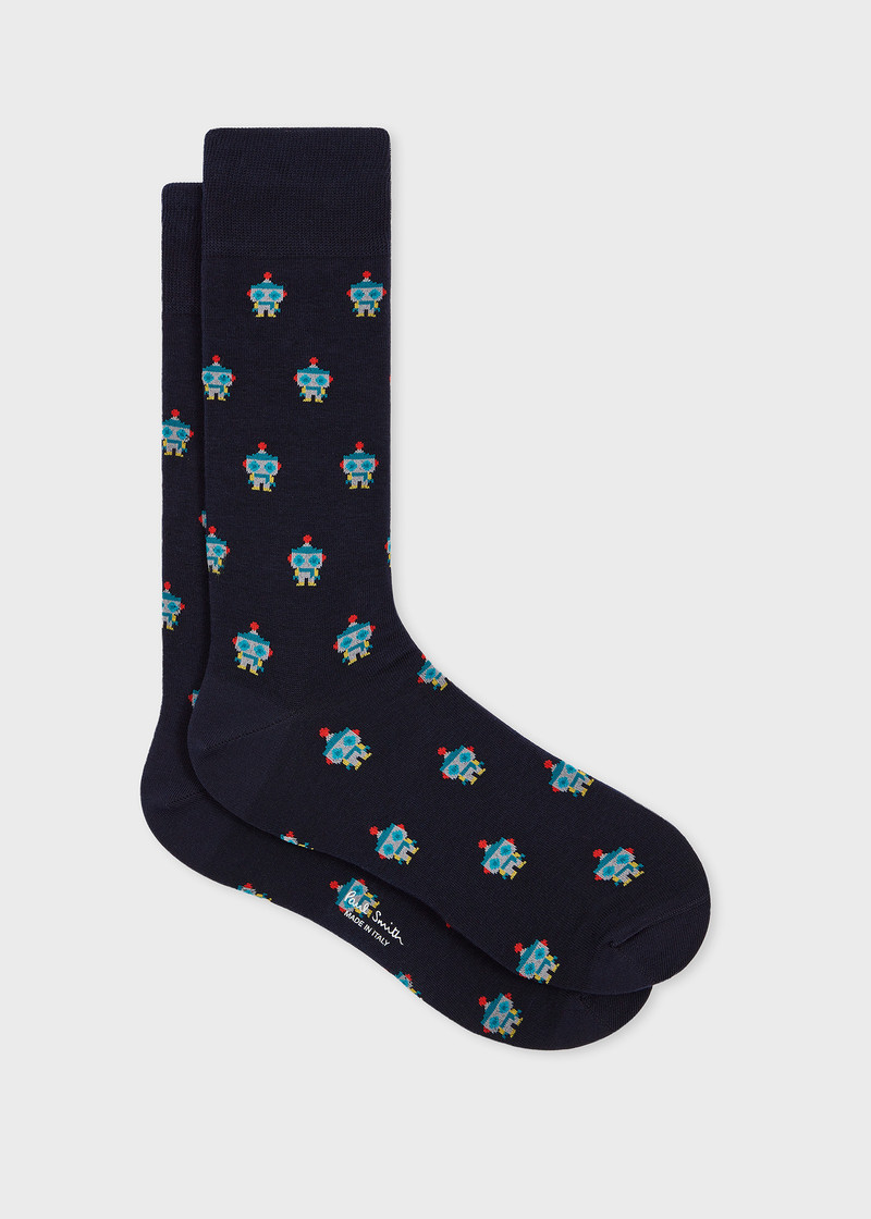 Dark Blue Cotton-Blend 'Robot' Socks 1