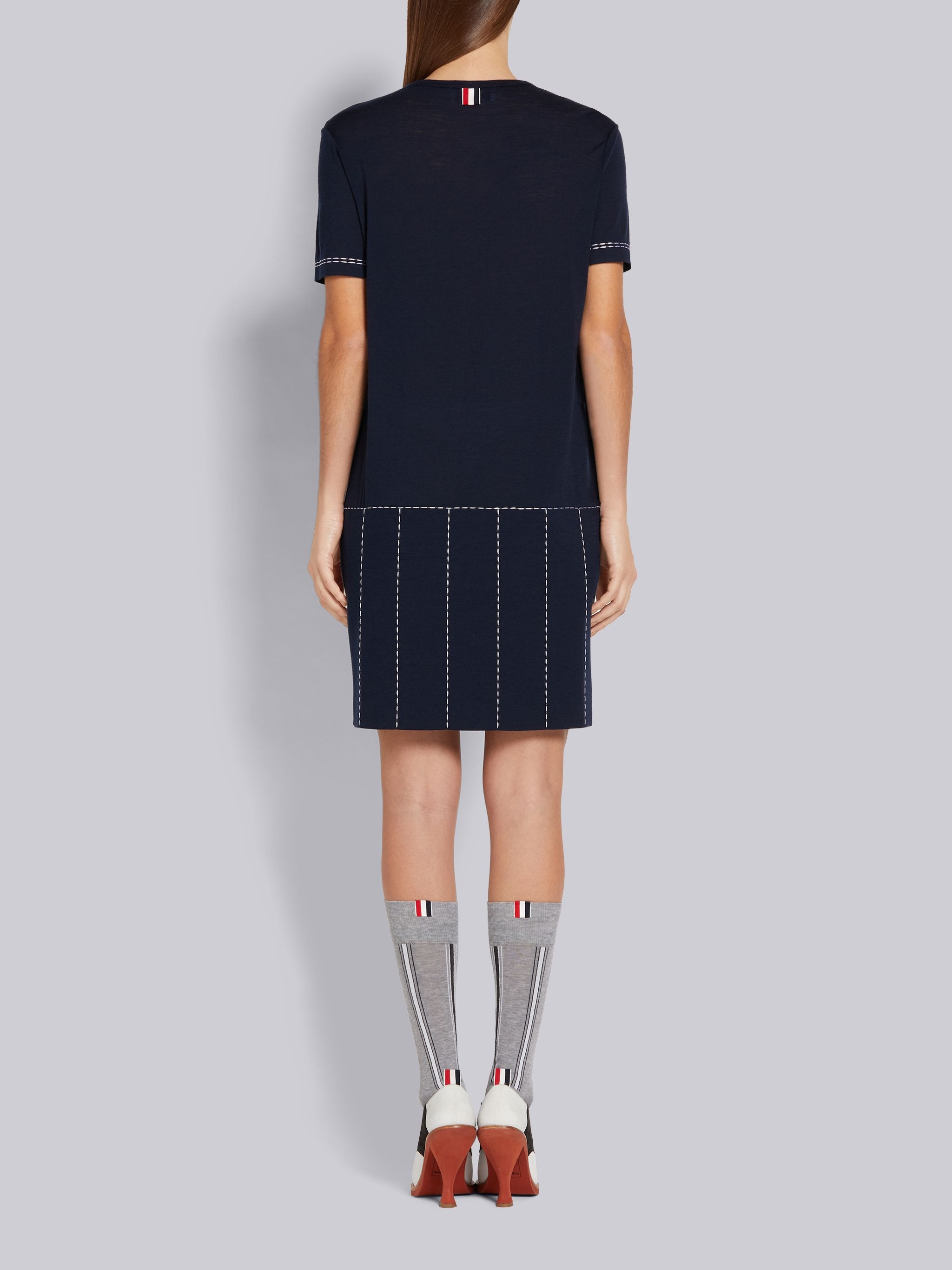 Navy Wool Jersey Trompe L'oeil Pleated Short-sleeved Polo Dress - 3