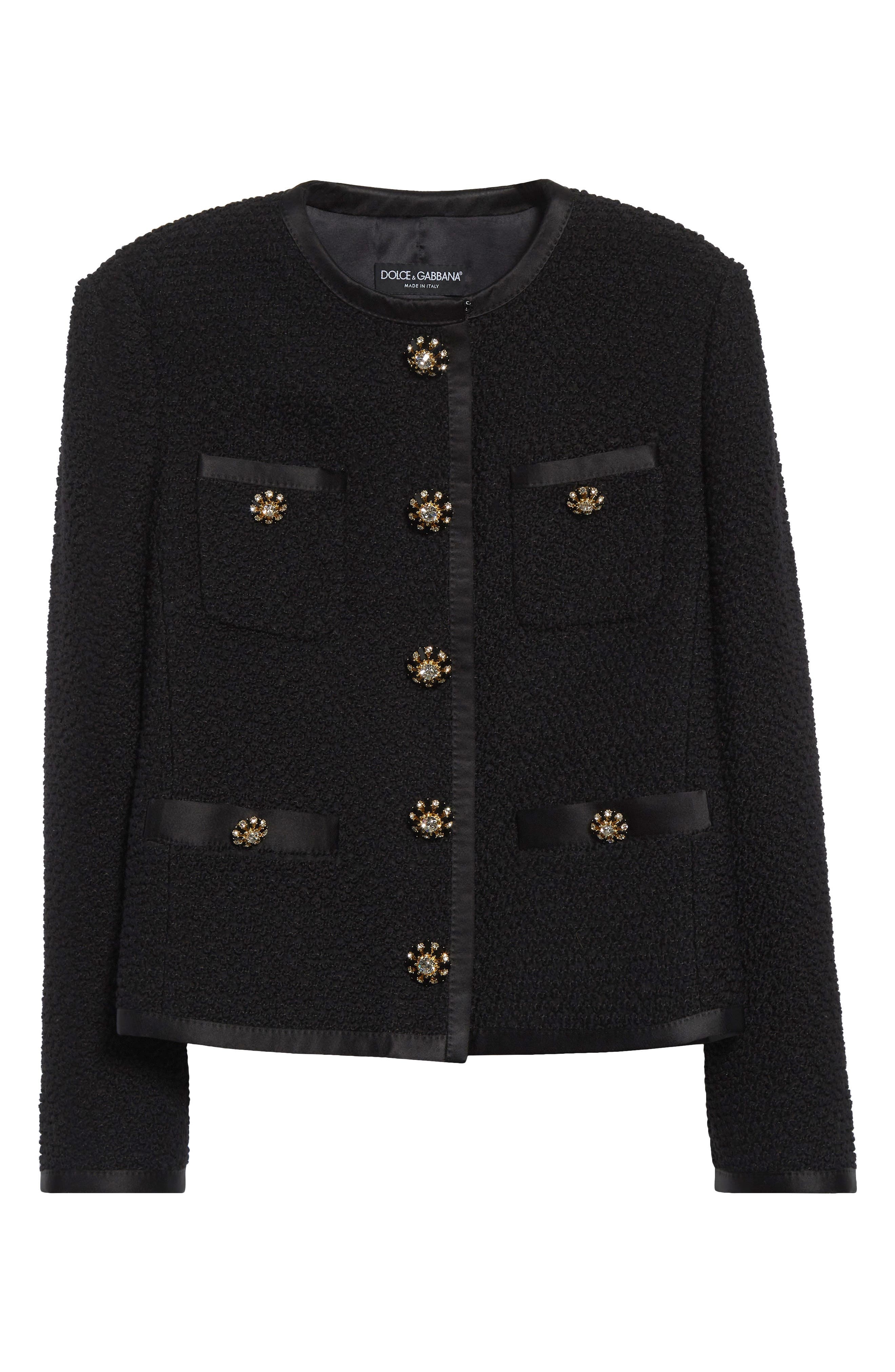 Dolce&Gabbana Bejeweled Button Crop Bouclé Tweed Jacket in Nero at Nordstrom - 5